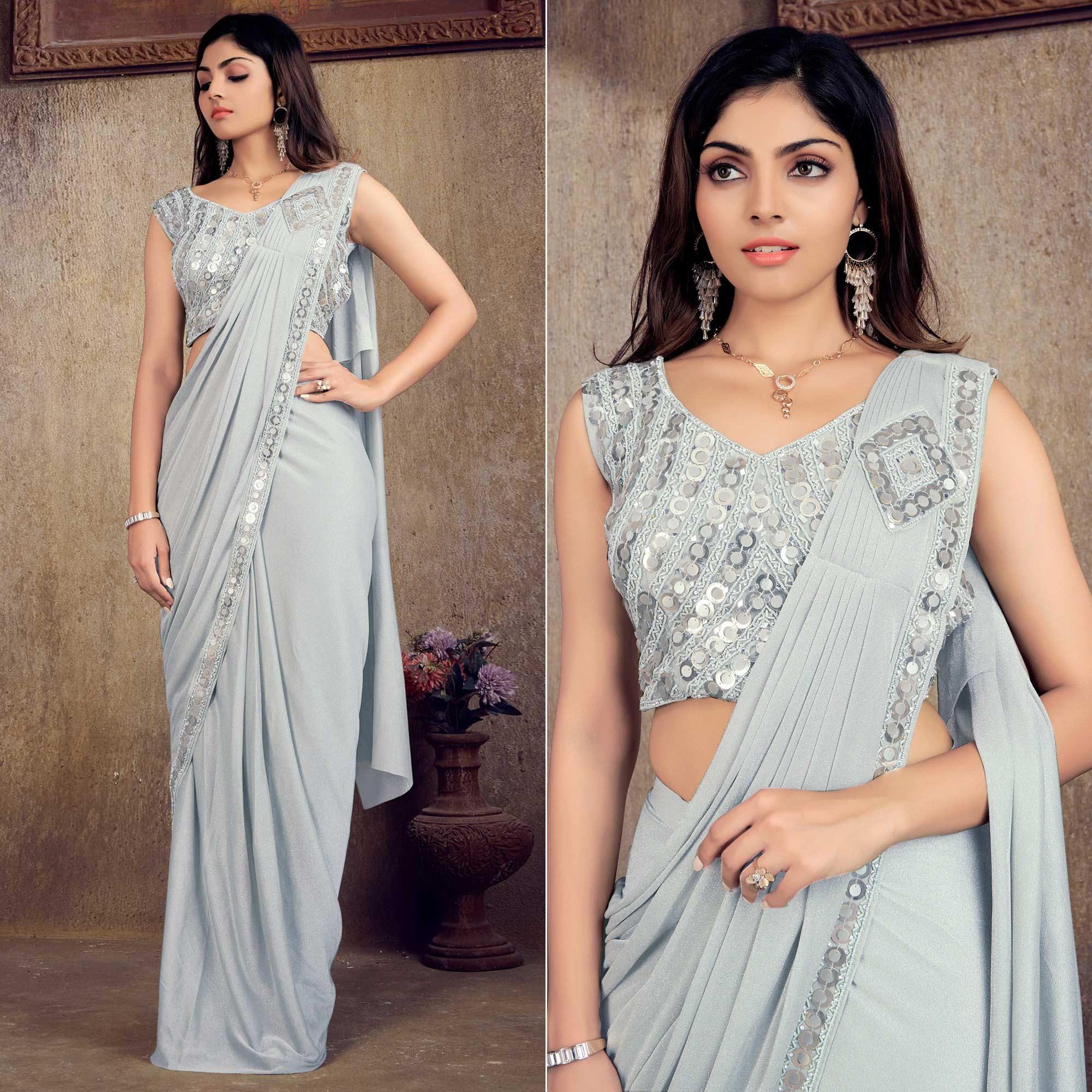 Grey Sequence Embroidered Stitched Art Silk Saree - Peachmode