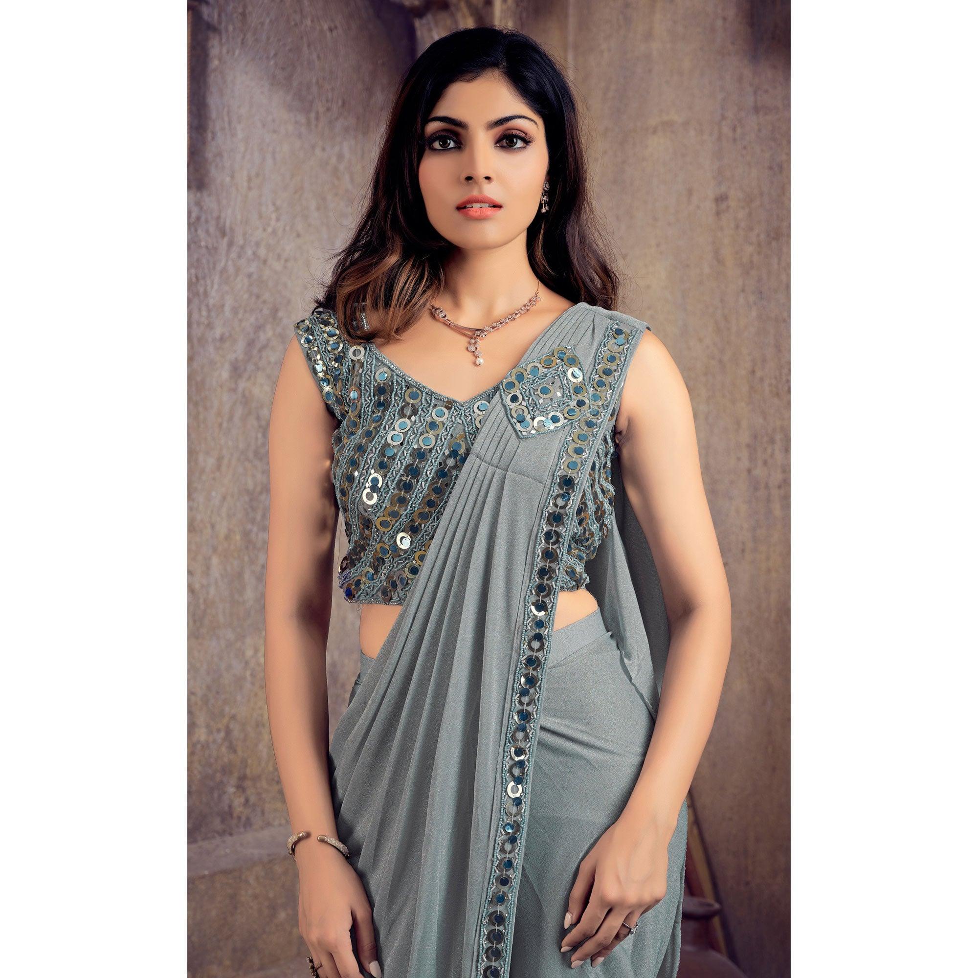 Grey Sequence Embroidered Stitched Art Silk Saree - Peachmode