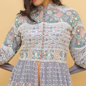 Grey Sequence Floral Embroidered Georgette Partywear Suit - Peachmode