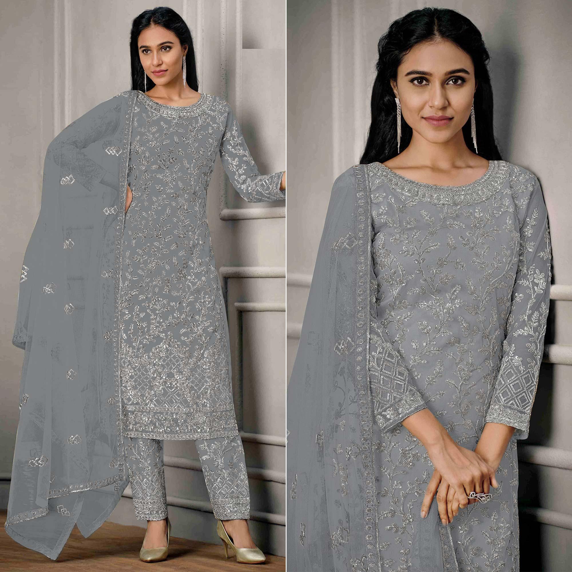 Grey Sequence Floral Embroidered Net Salwar Suit - Peachmode