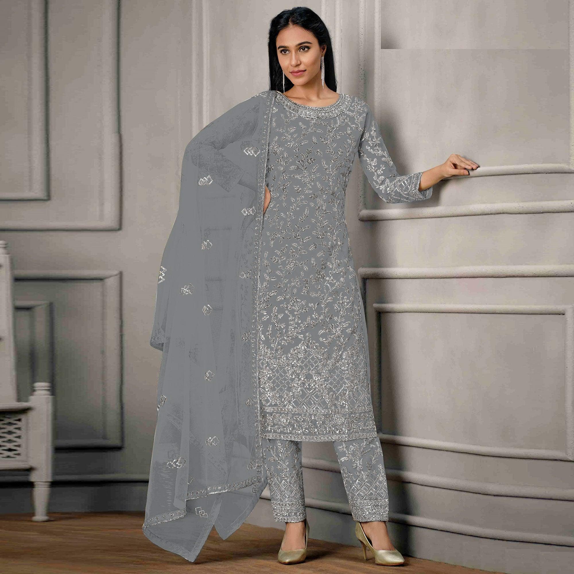 Grey Sequence Floral Embroidered Net Salwar Suit - Peachmode