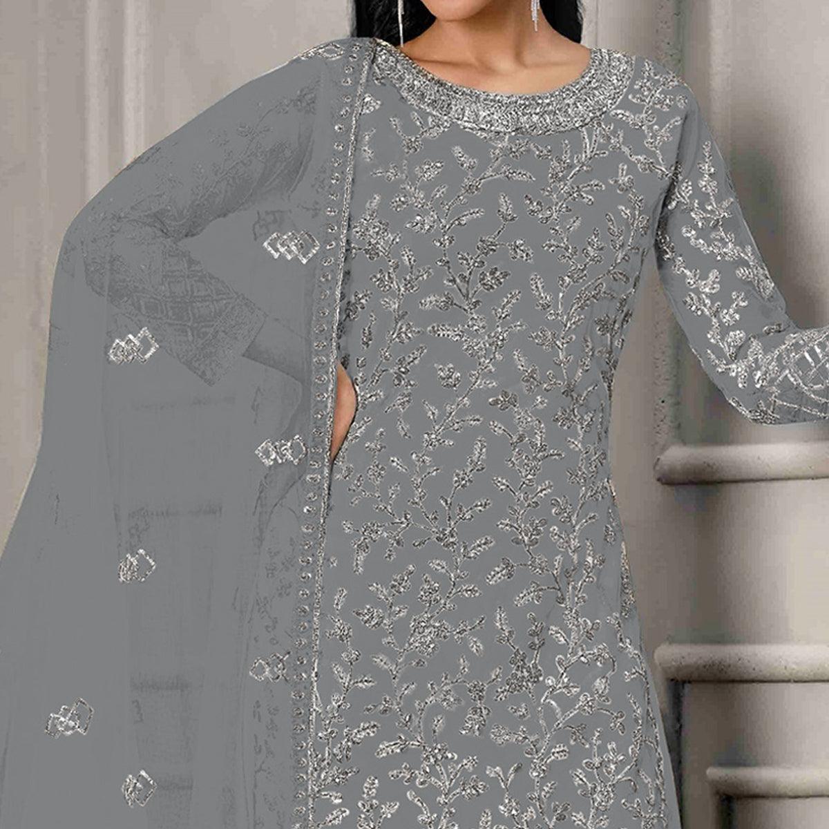 Grey Sequence Floral Embroidered Net Salwar Suit - Peachmode