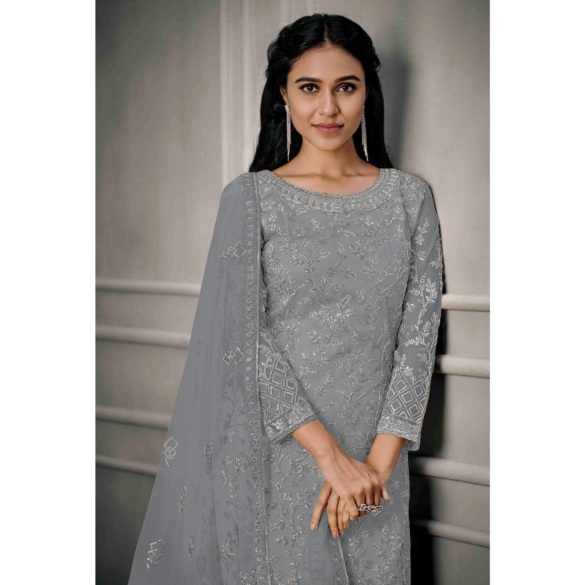 Grey Sequence Floral Embroidered Net Salwar Suit - Peachmode