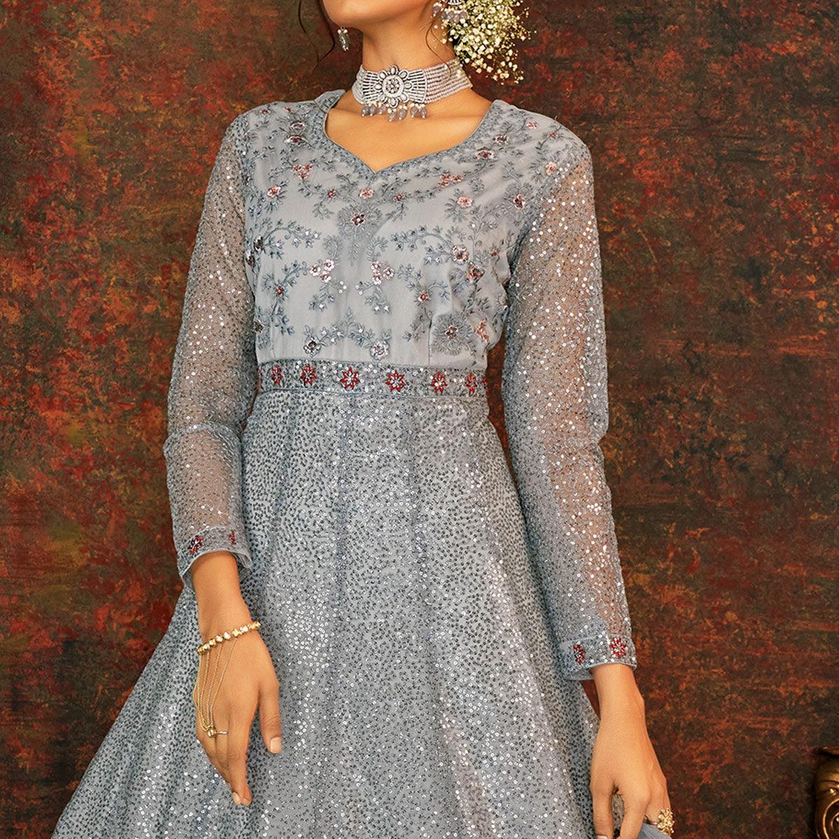 Grey Sequence Floral Enbroidered Net Partywear Gown - Peachmode