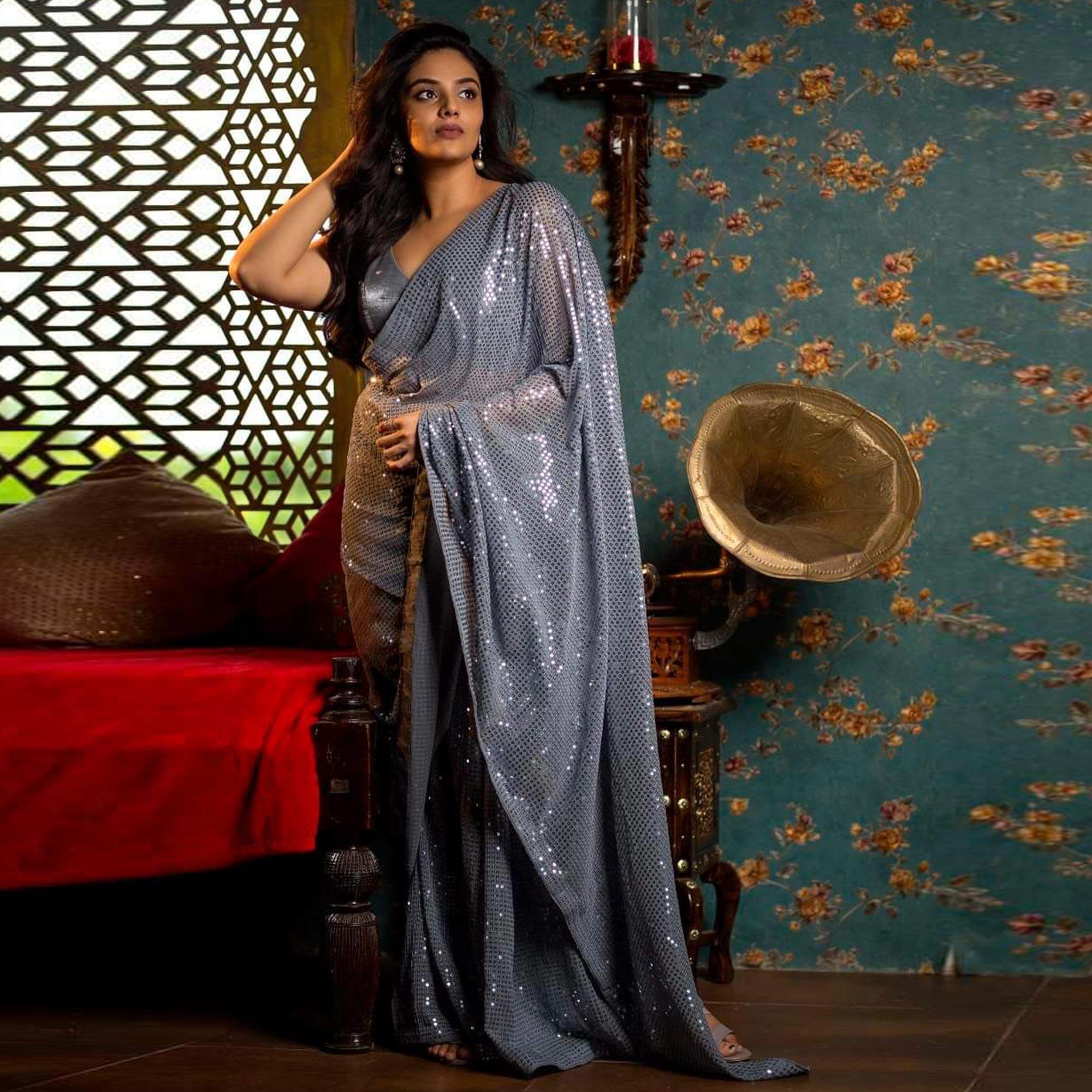 Grey Sequence Work Georgette Saree - Peachmode