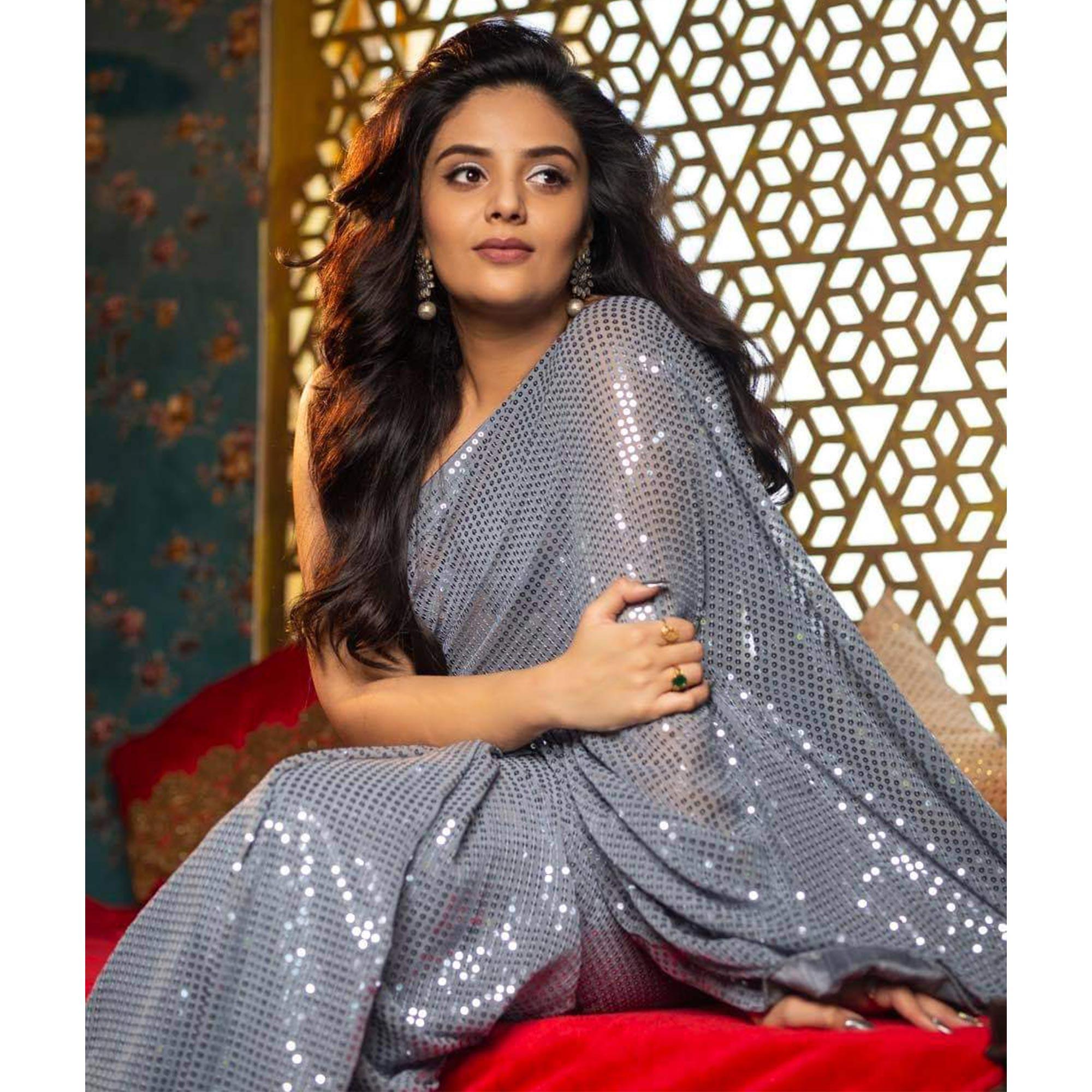 Grey Sequence Work Georgette Saree - Peachmode