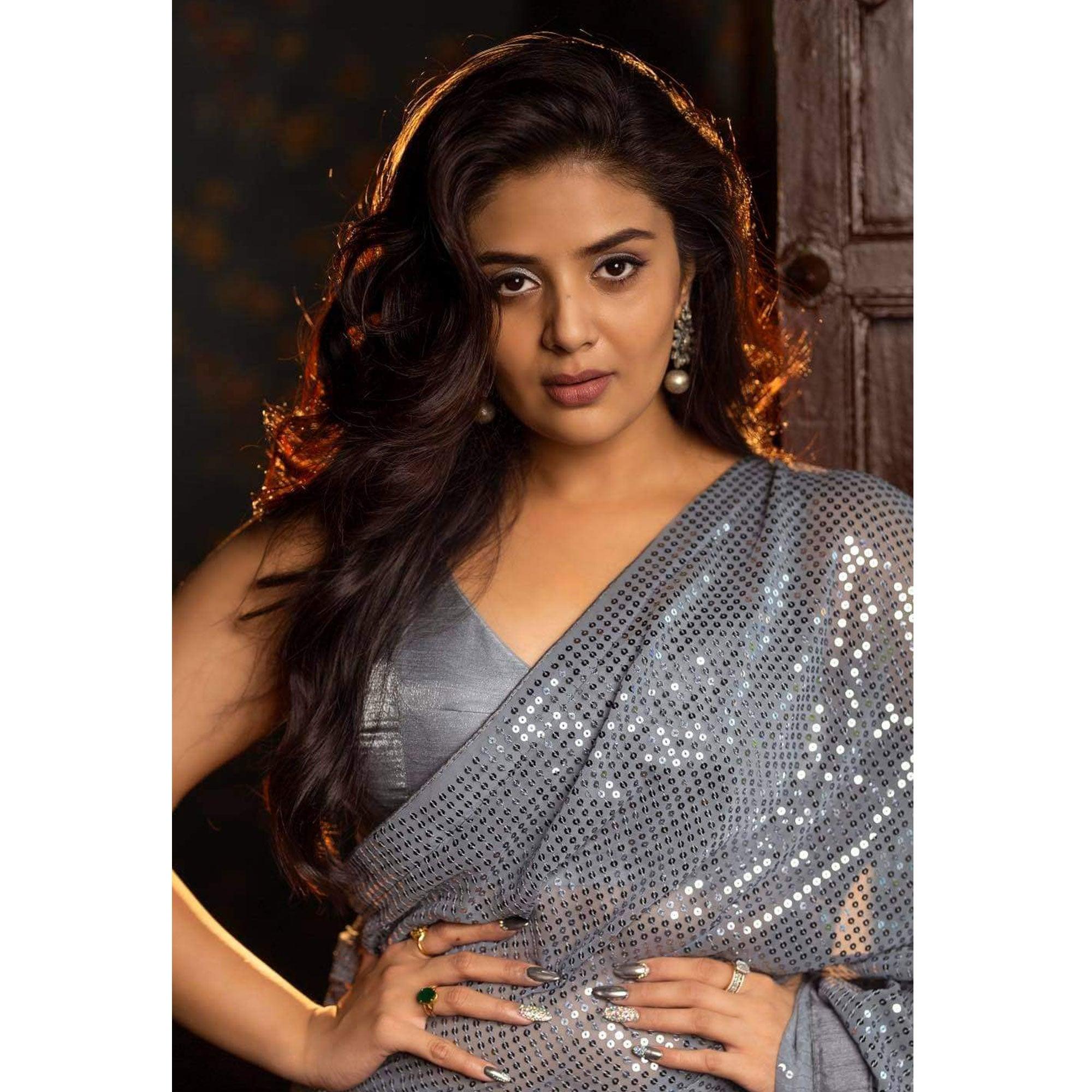 Grey Sequence Work Georgette Saree - Peachmode