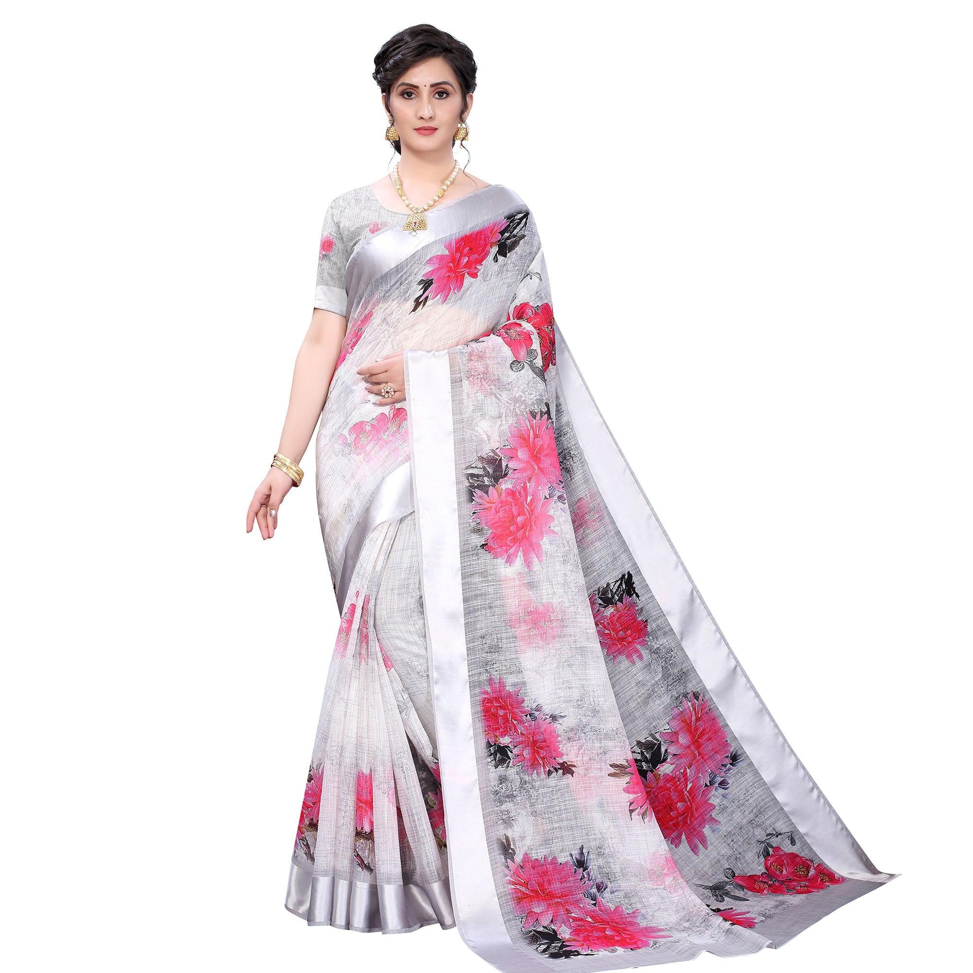 Grey-Silver Casual Wear Floral Digital Printed Linen Slub saree - Peachmode