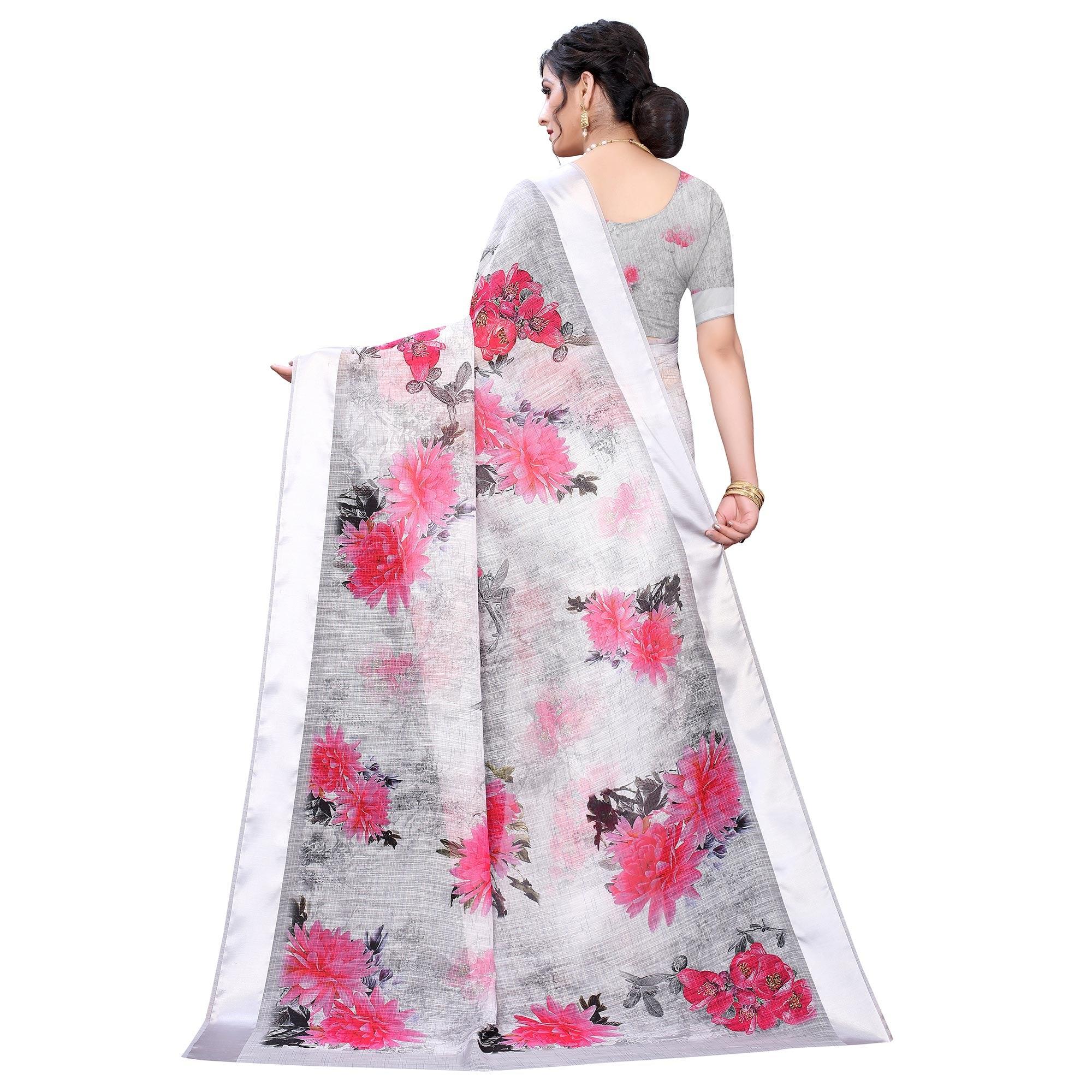 Grey-Silver Casual Wear Floral Digital Printed Linen Slub saree - Peachmode