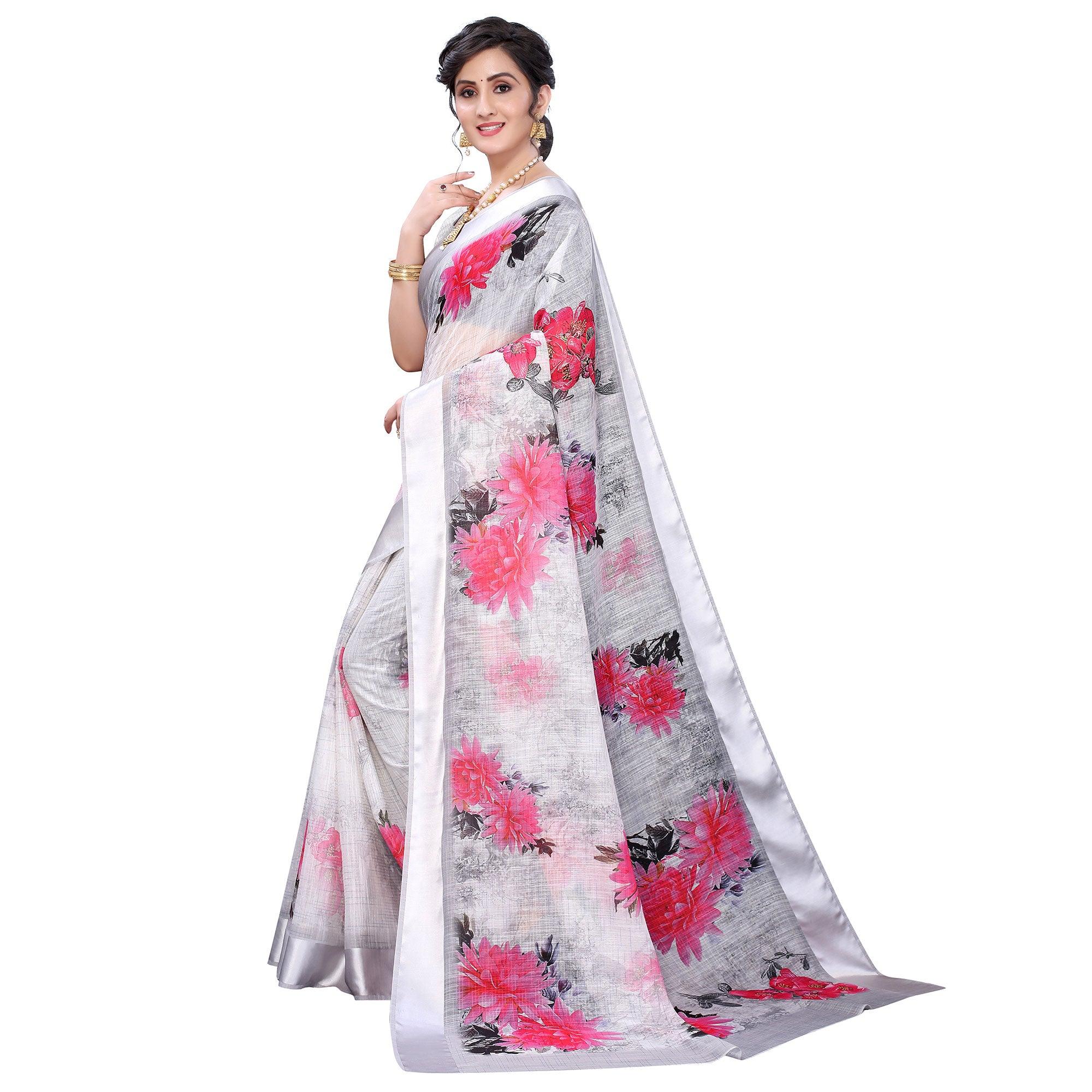 Grey-Silver Casual Wear Floral Digital Printed Linen Slub saree - Peachmode