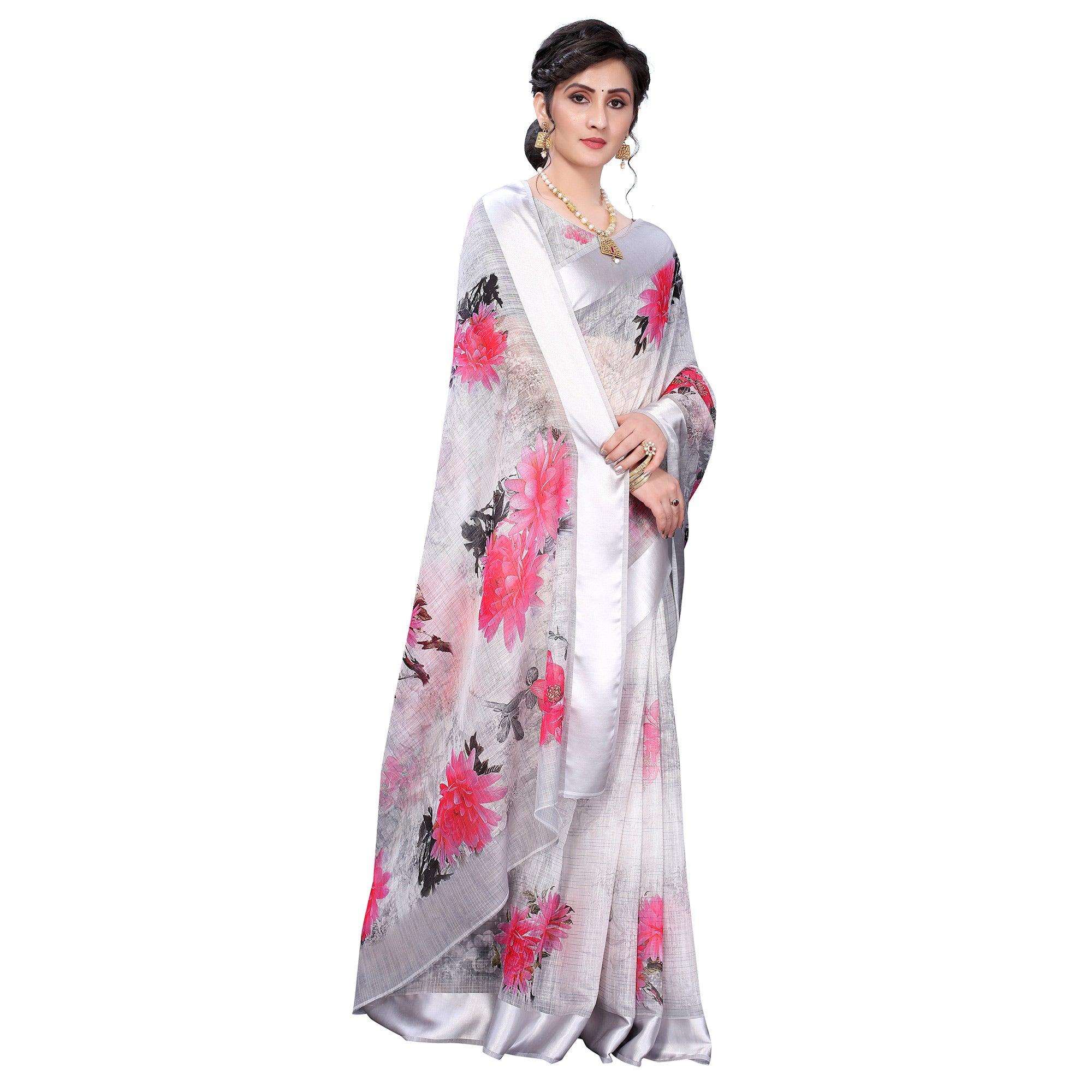 Grey-Silver Casual Wear Floral Digital Printed Linen Slub saree - Peachmode