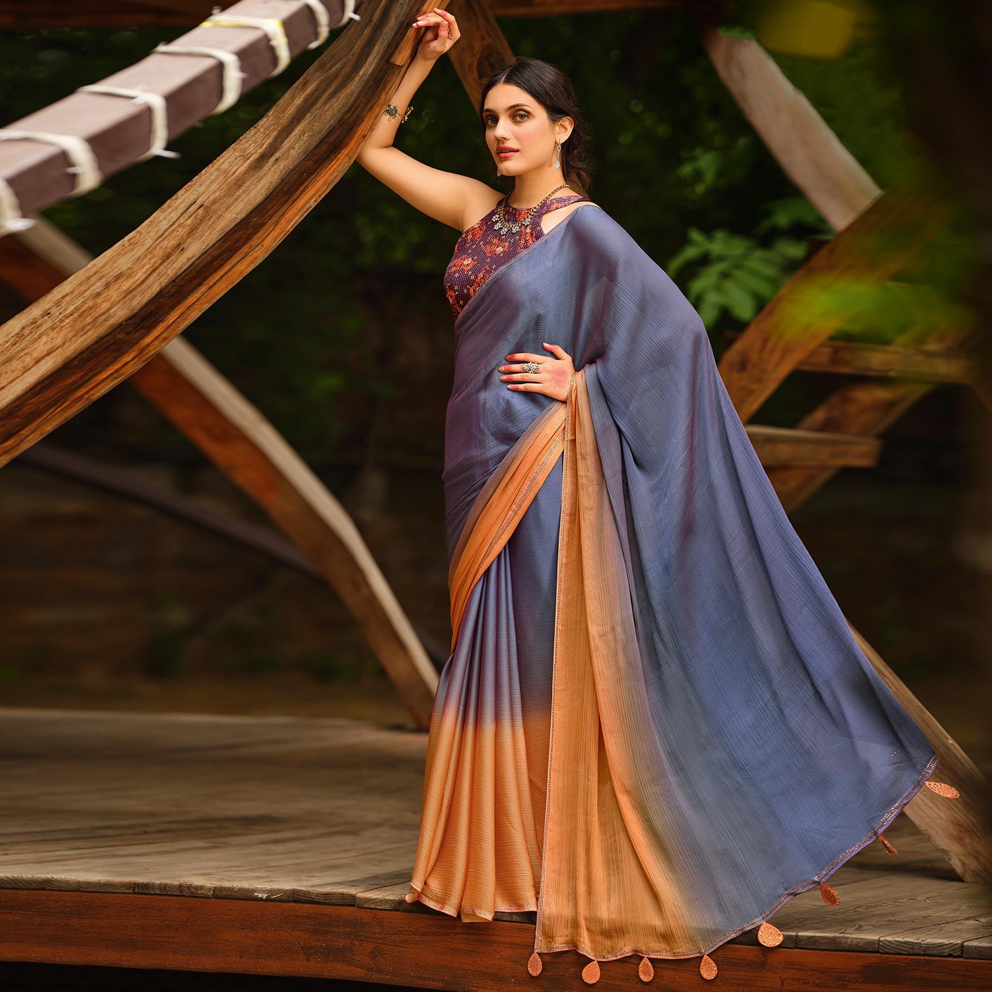 Grey Solid Chiffon Saree - Peachmode