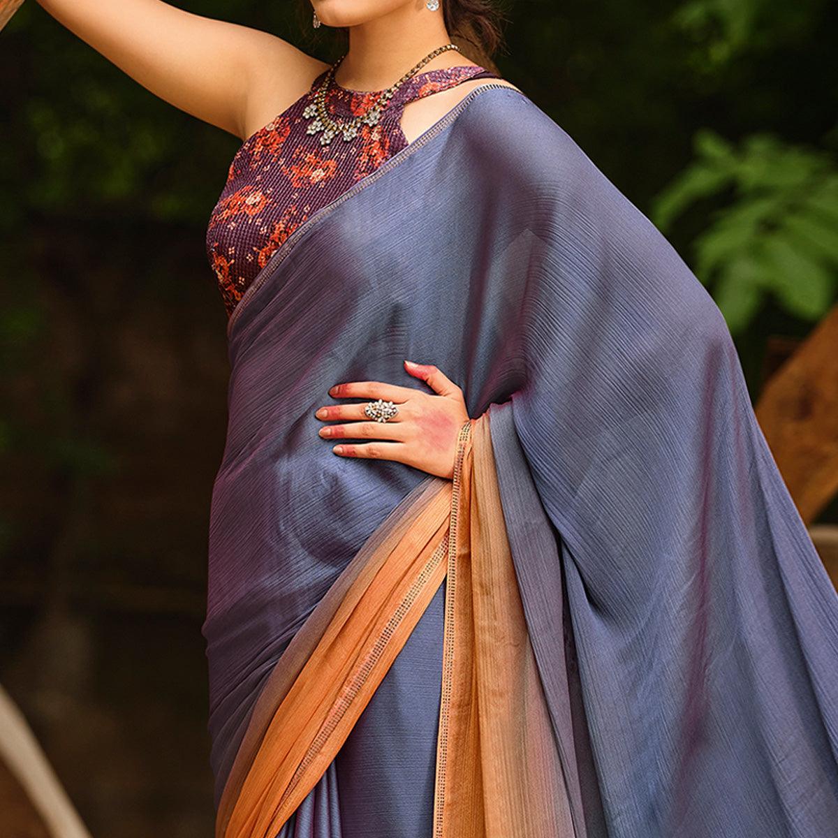 Grey Solid Chiffon Saree - Peachmode