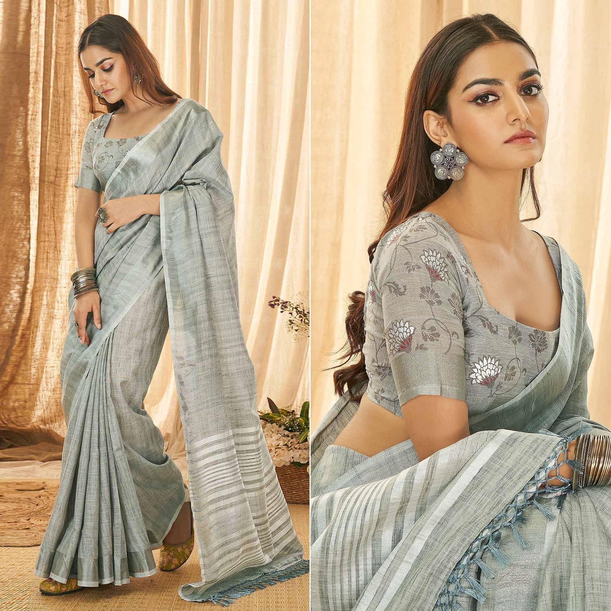 Grey Solid Linen Saree - Peachmode