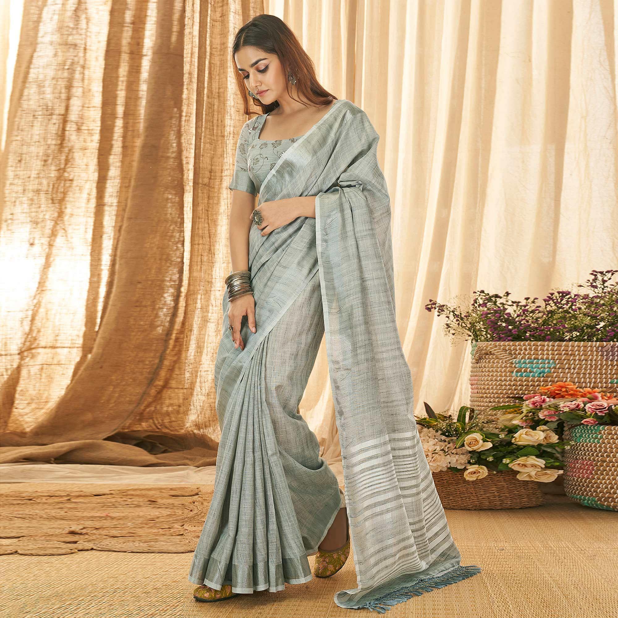 Grey Solid Linen Saree - Peachmode