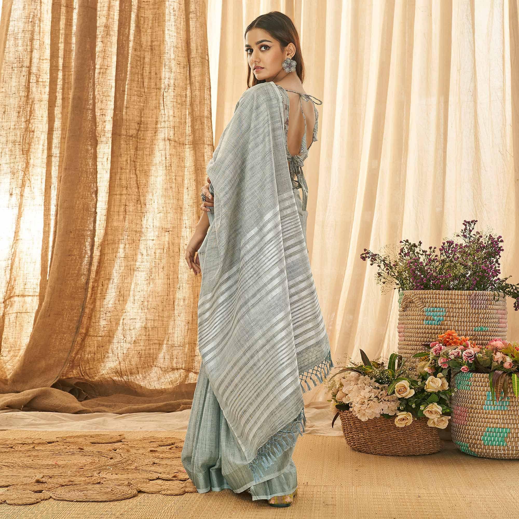 Grey Solid Linen Saree - Peachmode