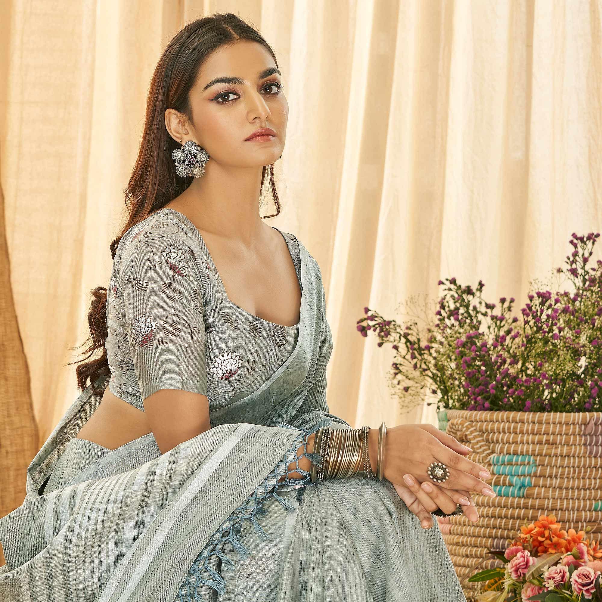Grey Solid Linen Saree - Peachmode