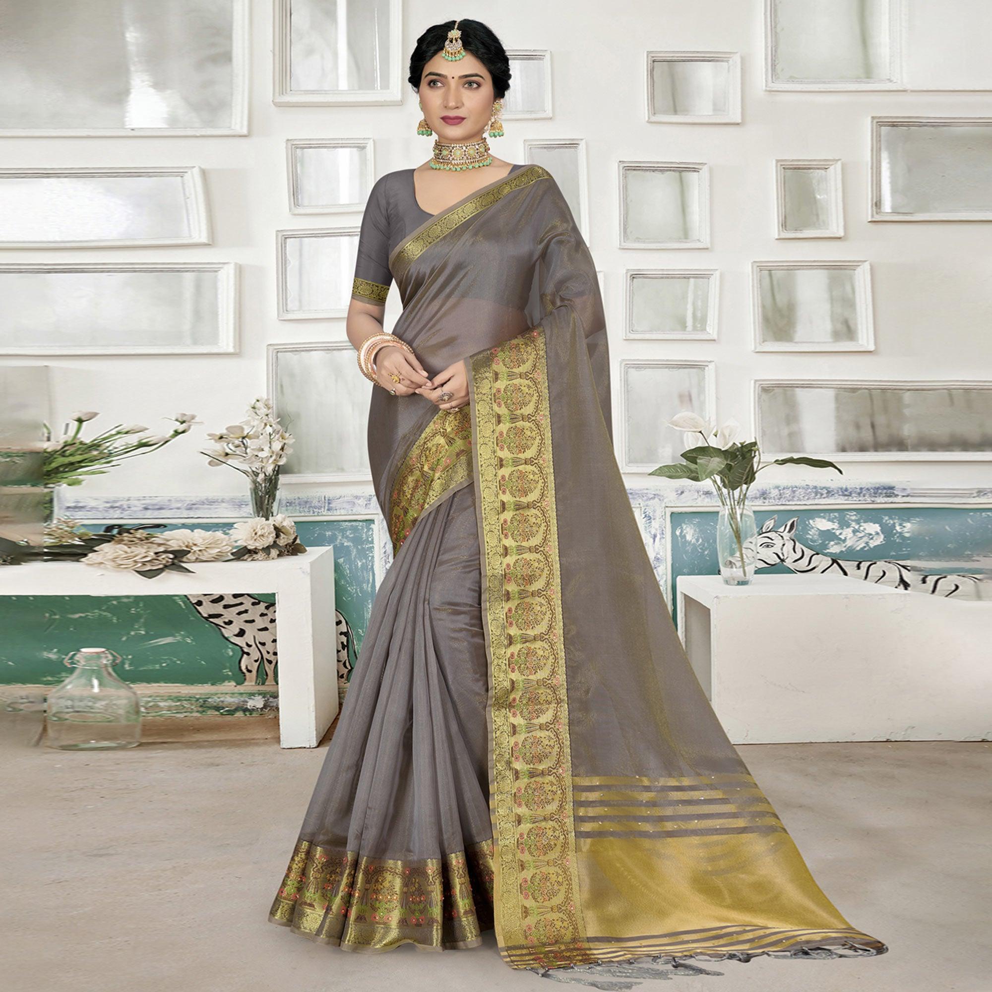 Grey Solid Organza Saree - Peachmode