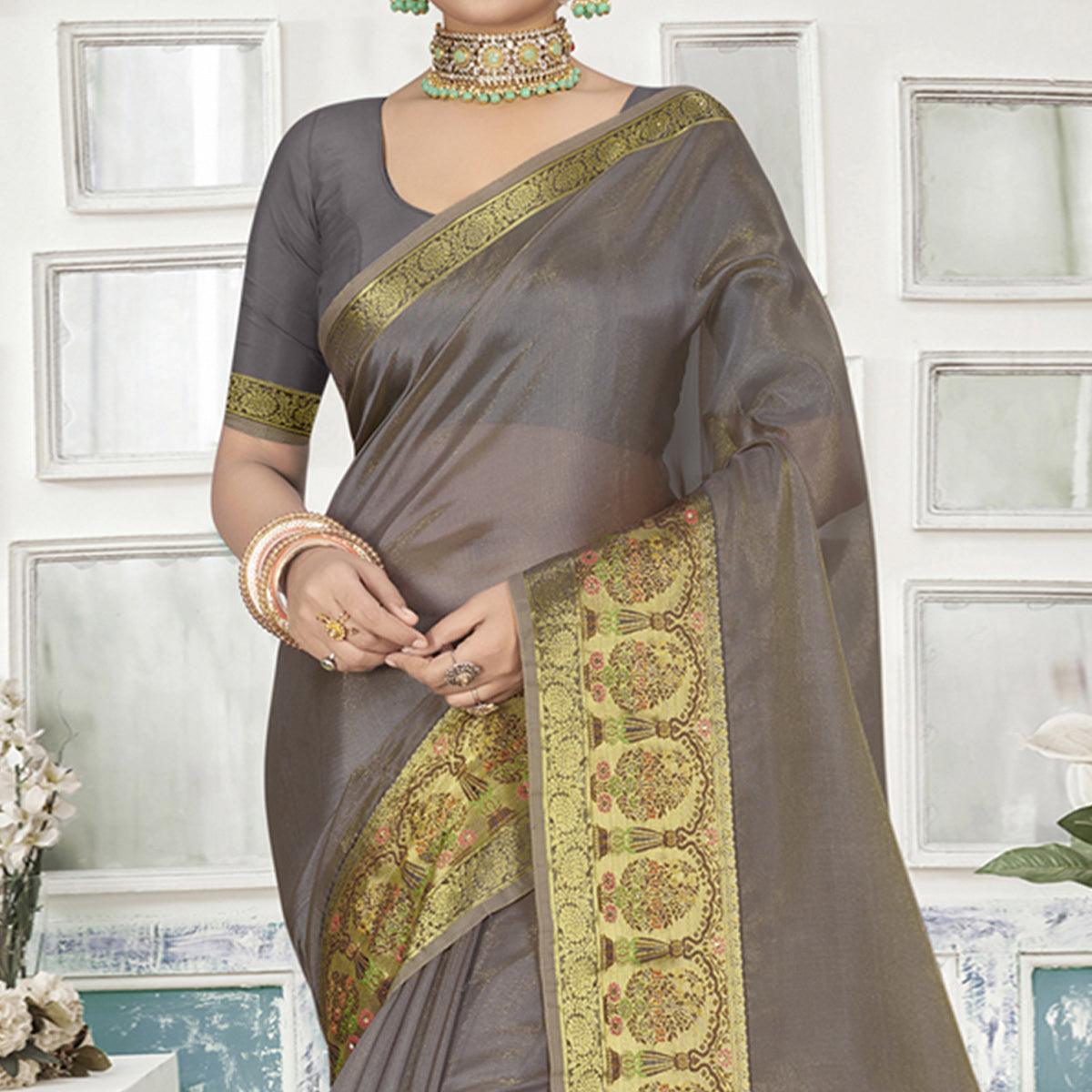 Grey Solid Organza Saree - Peachmode