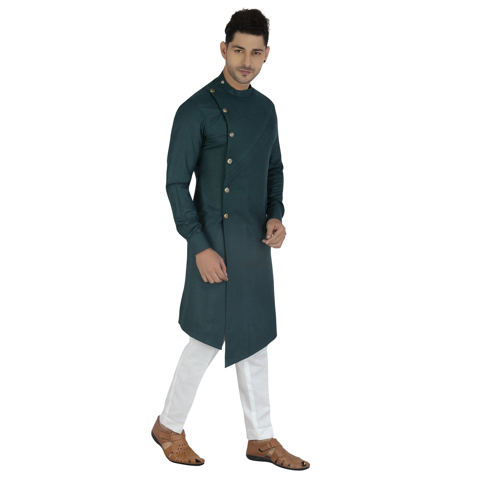 Grey Solid Poly Cotton Men's Kurta Pyjama Set - Peachmode