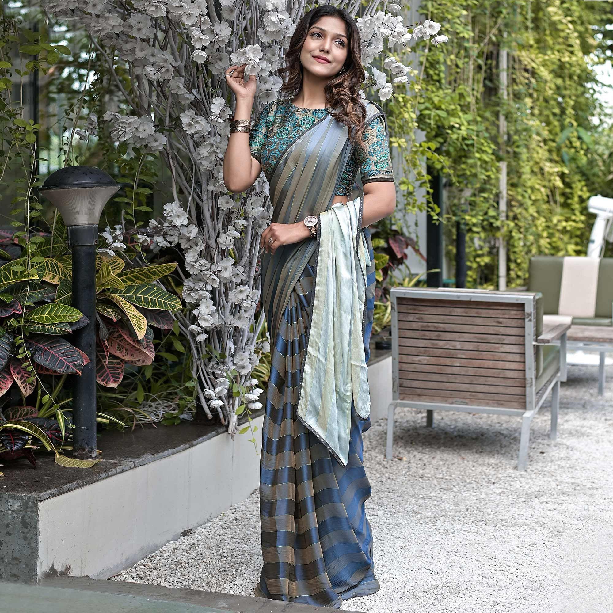 Grey Stripe Printed Satin Saree - Peachmode