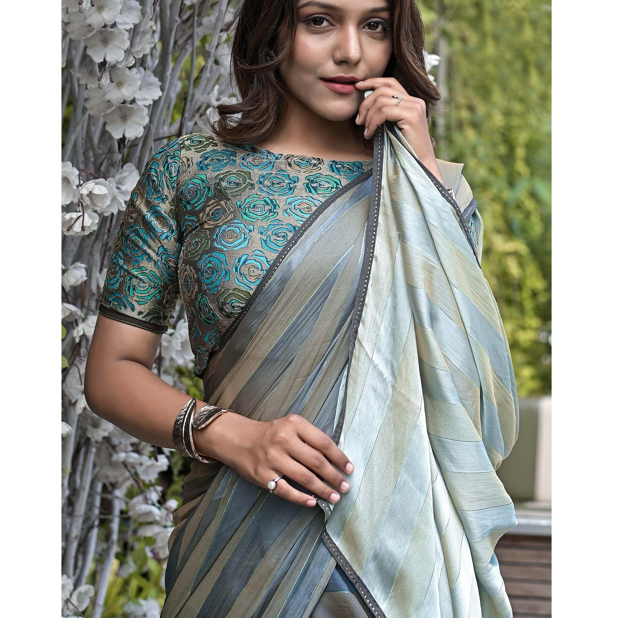 Grey Stripe Printed Satin Saree - Peachmode