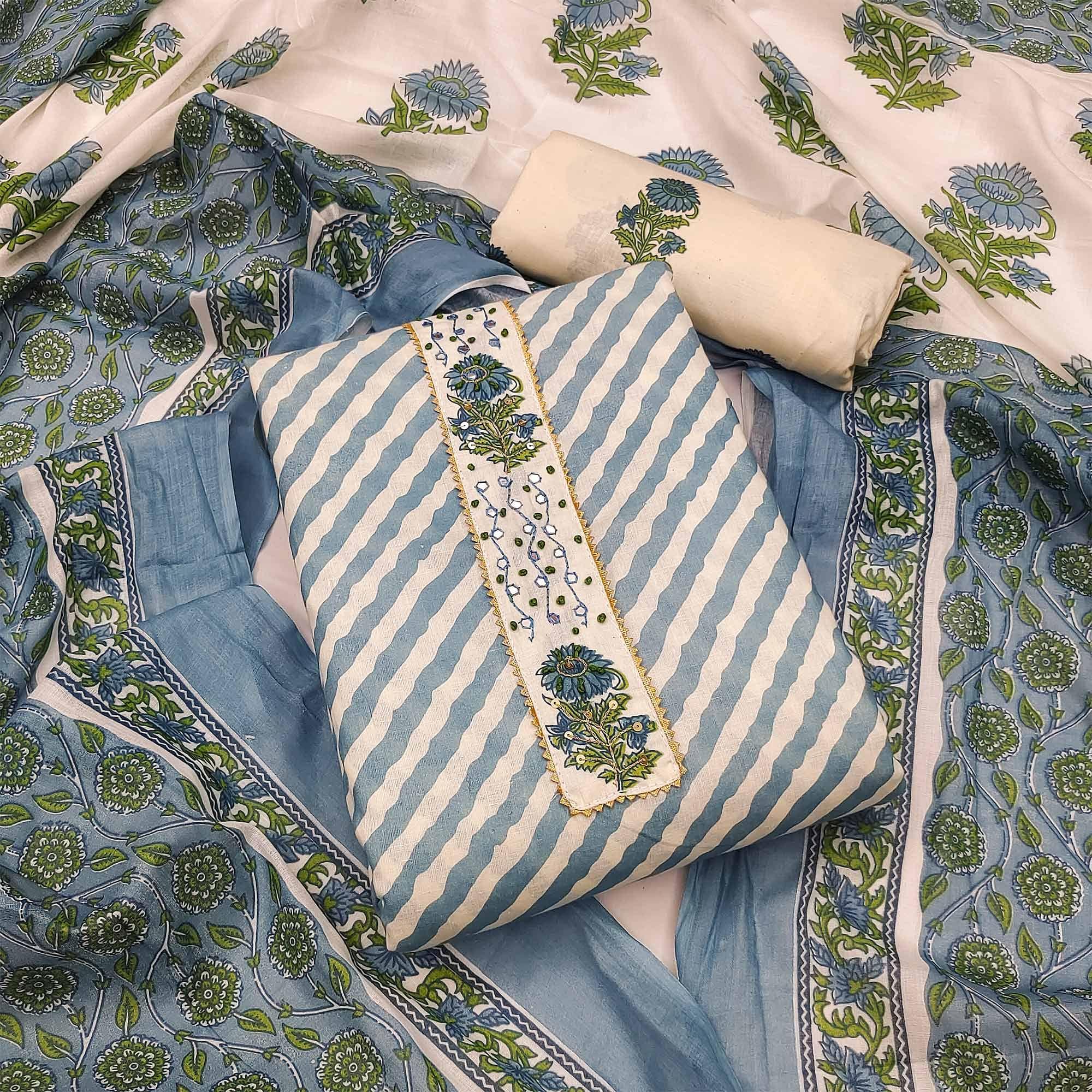 Grey Stripe Printed With Embellished Cotton Dress Material - Peachmode