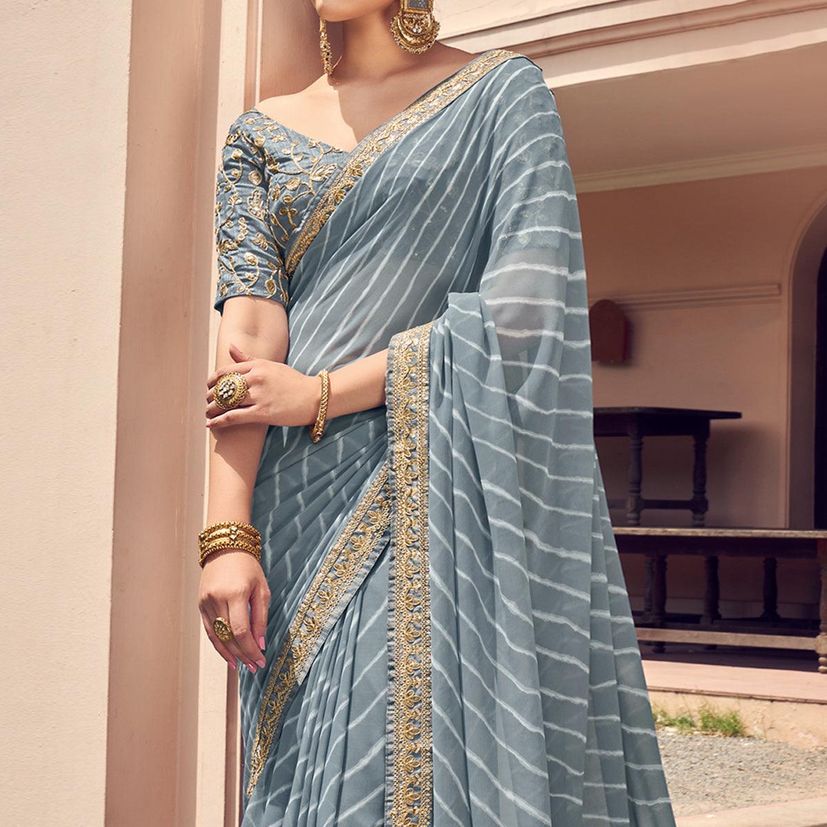 Grey Striped Printed Georgette Saree - Peachmode