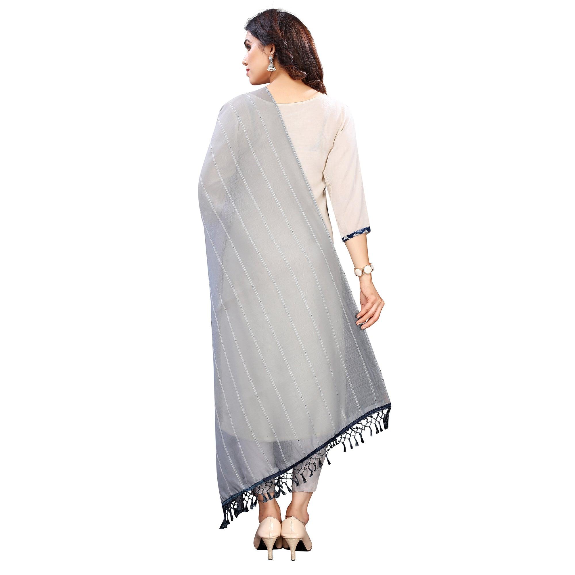 Grey Stripes Woven Sequence Festive Wear Cotton Silk Dupatta - Peachmode