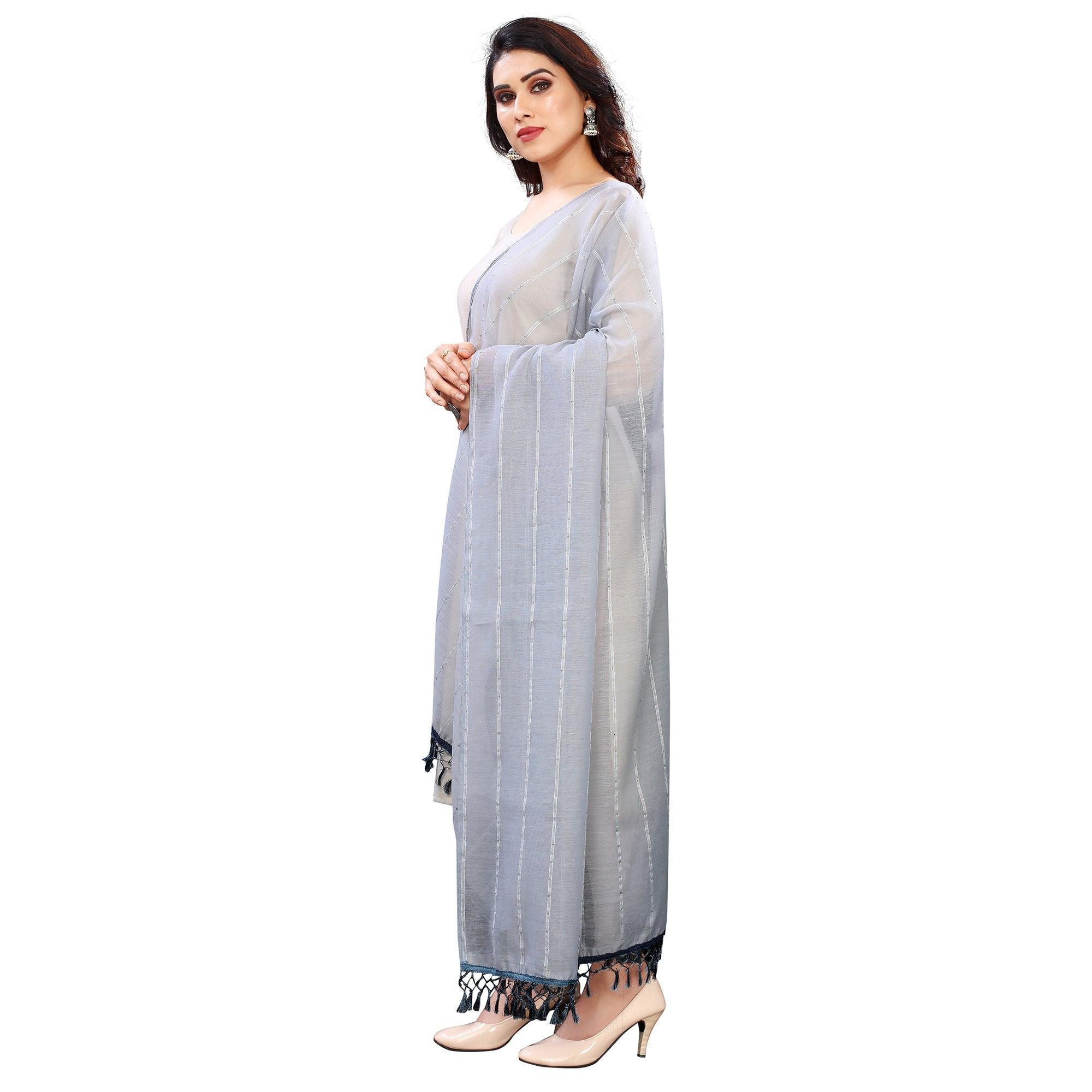 Grey Stripes Woven Sequence Festive Wear Cotton Silk Dupatta - Peachmode