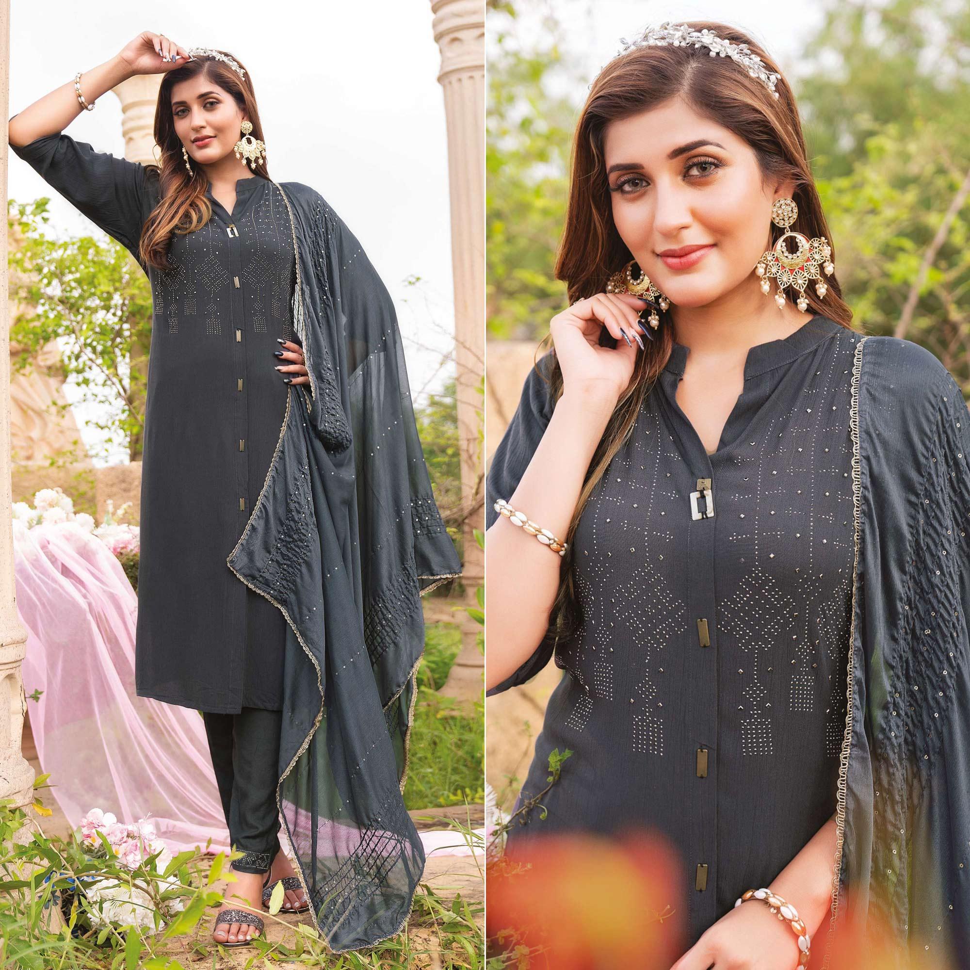 Grey Swarovski Work Rayon Salwar Suit - Peachmode