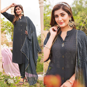 Grey Swarovski Work Rayon Salwar Suit - Peachmode
