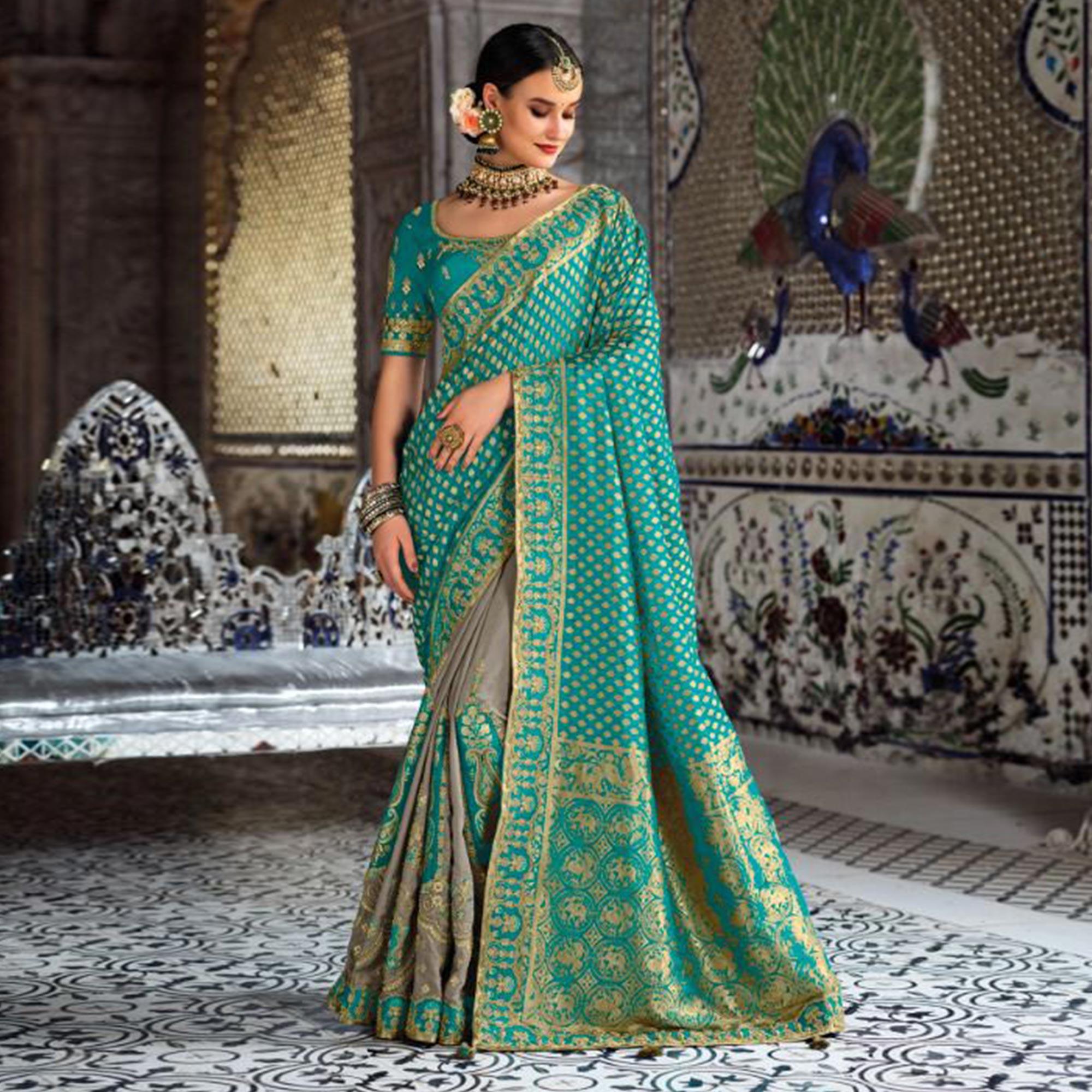 Grey-Turquoise Festive Wear Woven Banarasi Silk Half & Half Saree - Peachmode