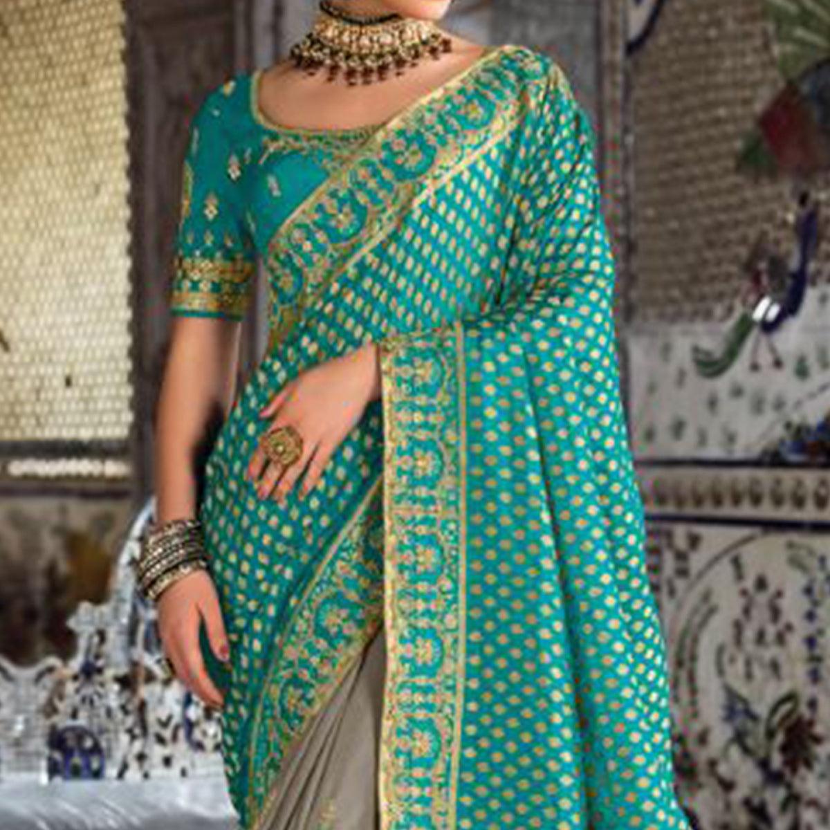 Grey-Turquoise Festive Wear Woven Banarasi Silk Half & Half Saree - Peachmode