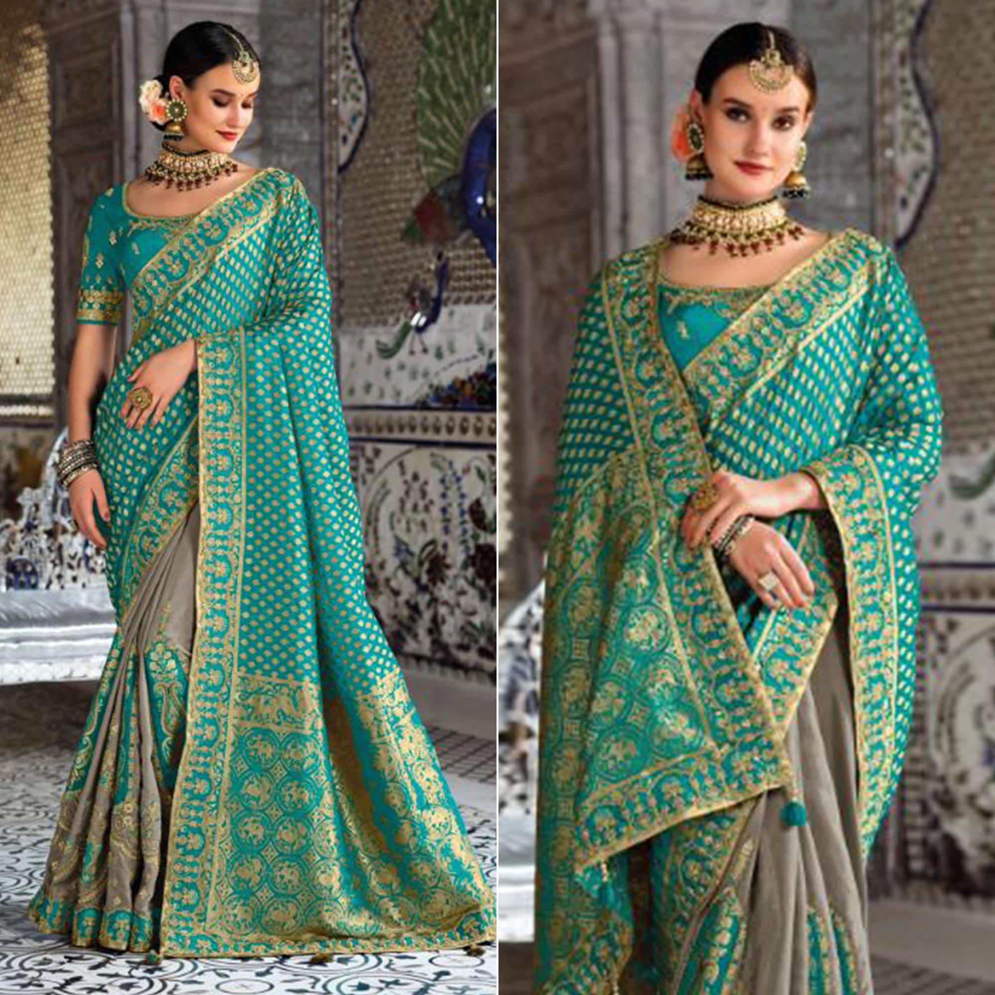 Grey-Turquoise Festive Wear Woven Banarasi Silk Half & Half Saree - Peachmode