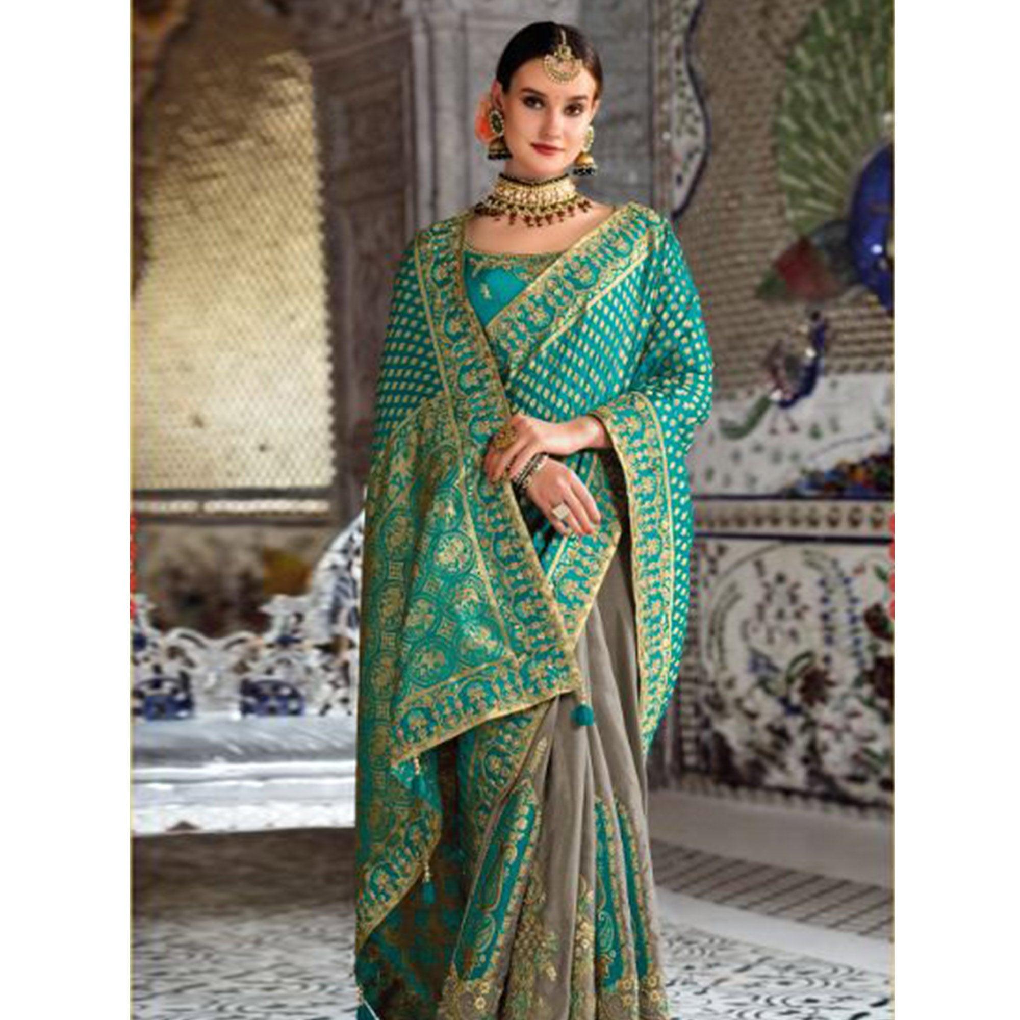 Grey-Turquoise Festive Wear Woven Banarasi Silk Half & Half Saree - Peachmode