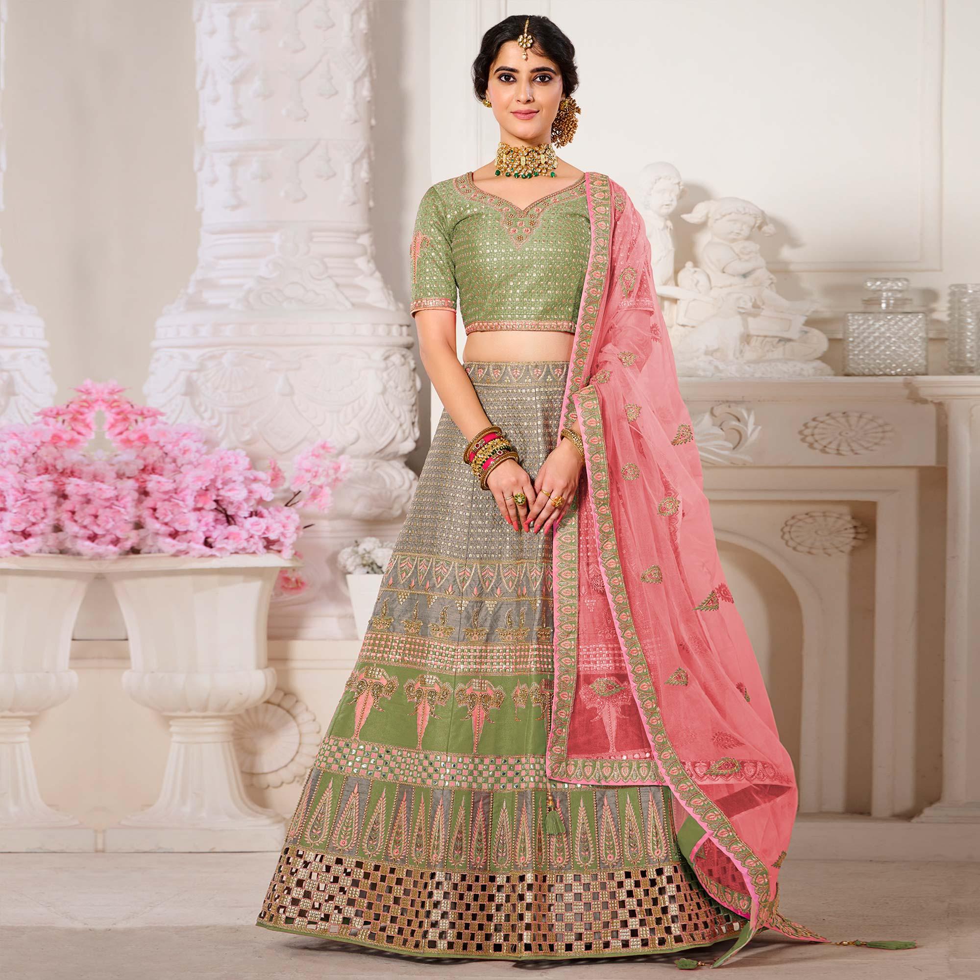 Grey Wedding Wear Embroidered Silk Lehenga Choli - Peachmode