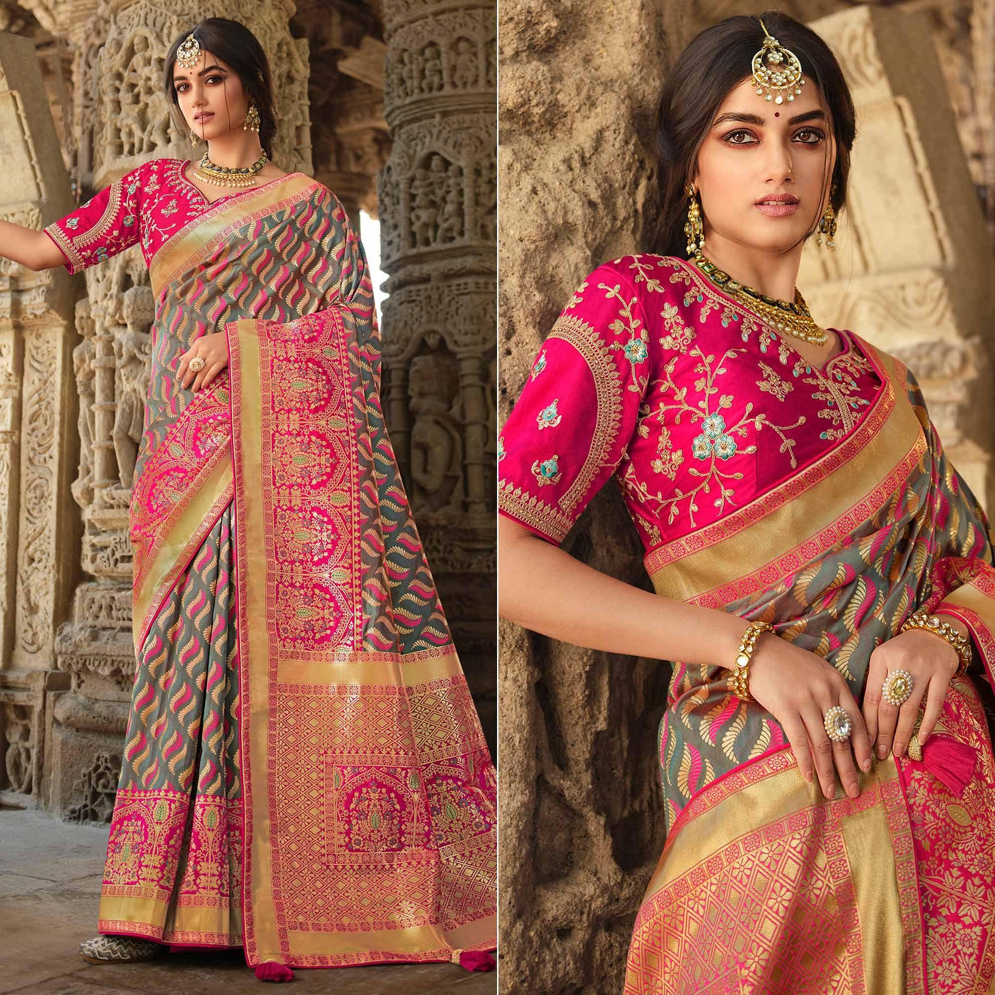 Grey Wedding Wear Woven Silk Saree With Tassels - Peachmode