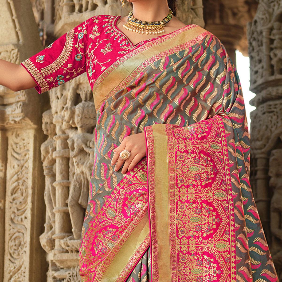 Grey Wedding Wear Woven Silk Saree With Tassels - Peachmode