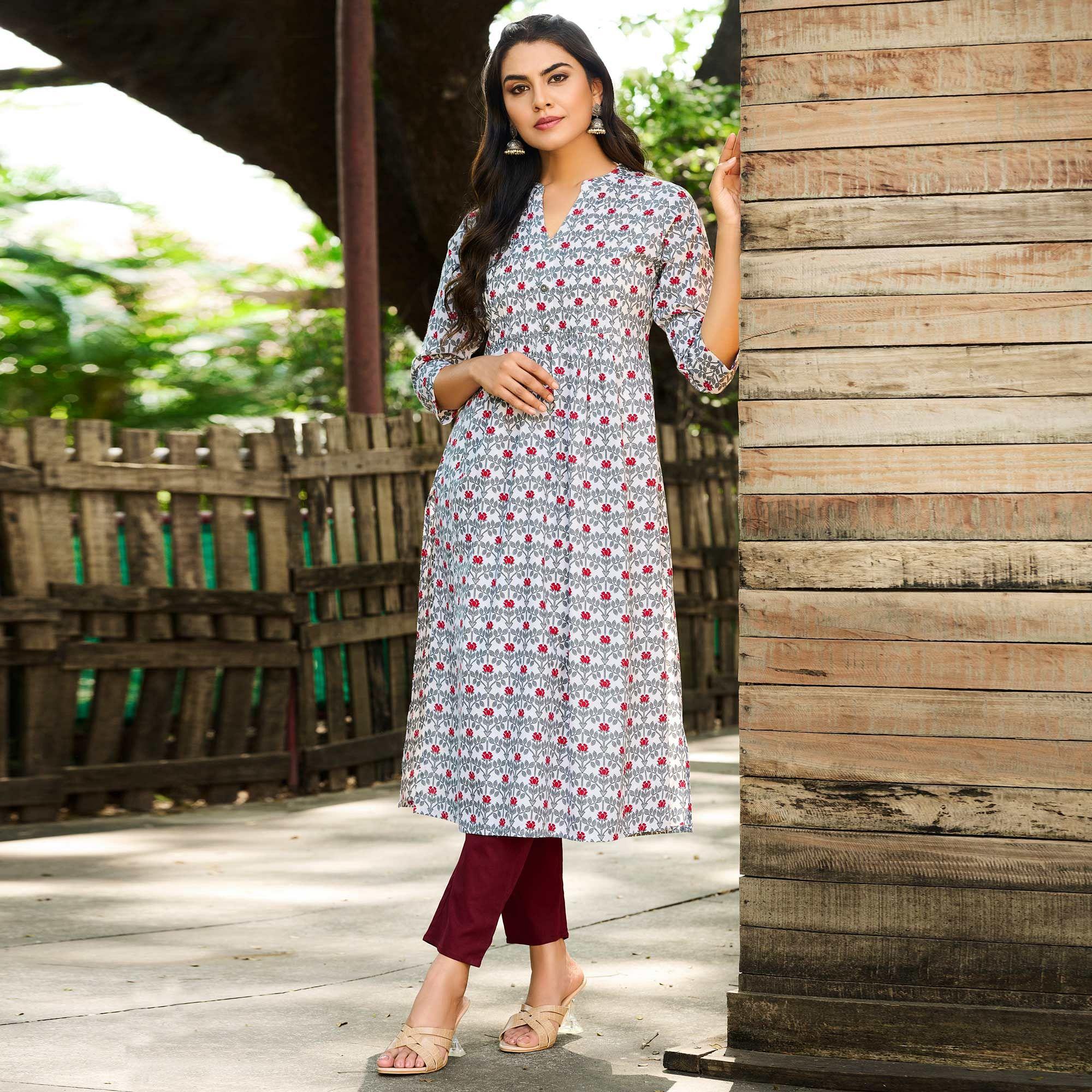 Grey-White Casual Wear Floral Printed Pure Cotton Kurti S
