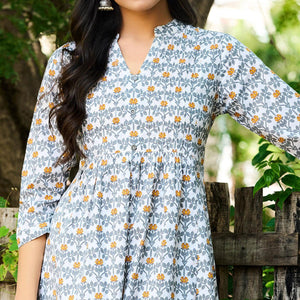 Grey-White Casual Wear Floral Printed Pure Cotton Kurti - Peachmode