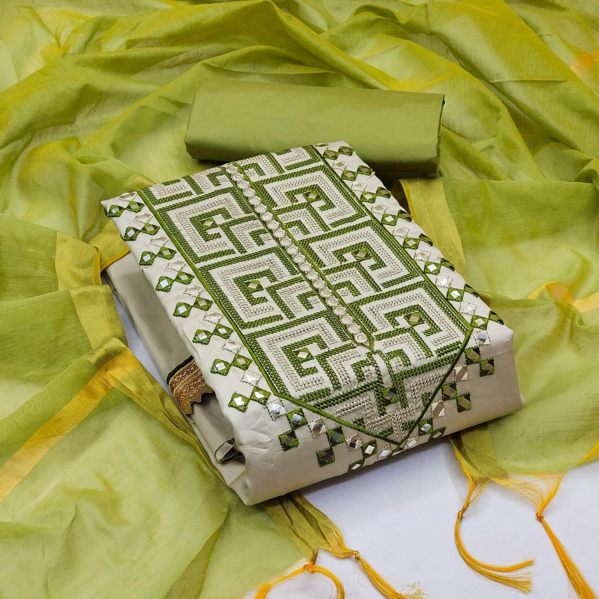 Grey With Green Embroidered Poly Cotton Dress Material - Peachmode