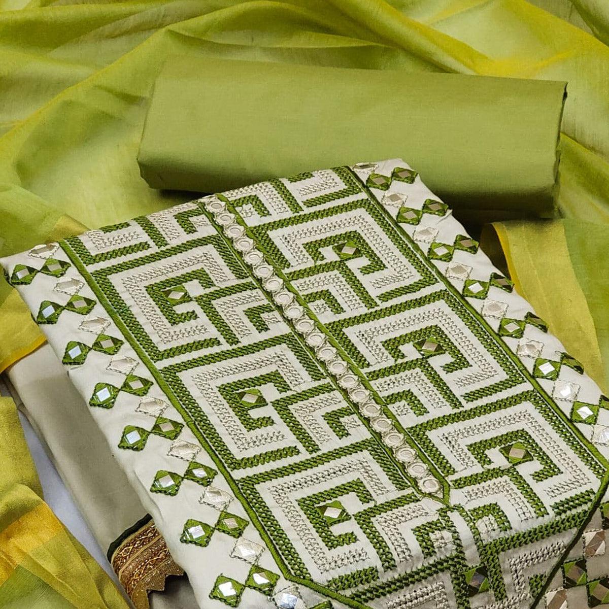 Grey With Green Embroidered Poly Cotton Dress Material - Peachmode