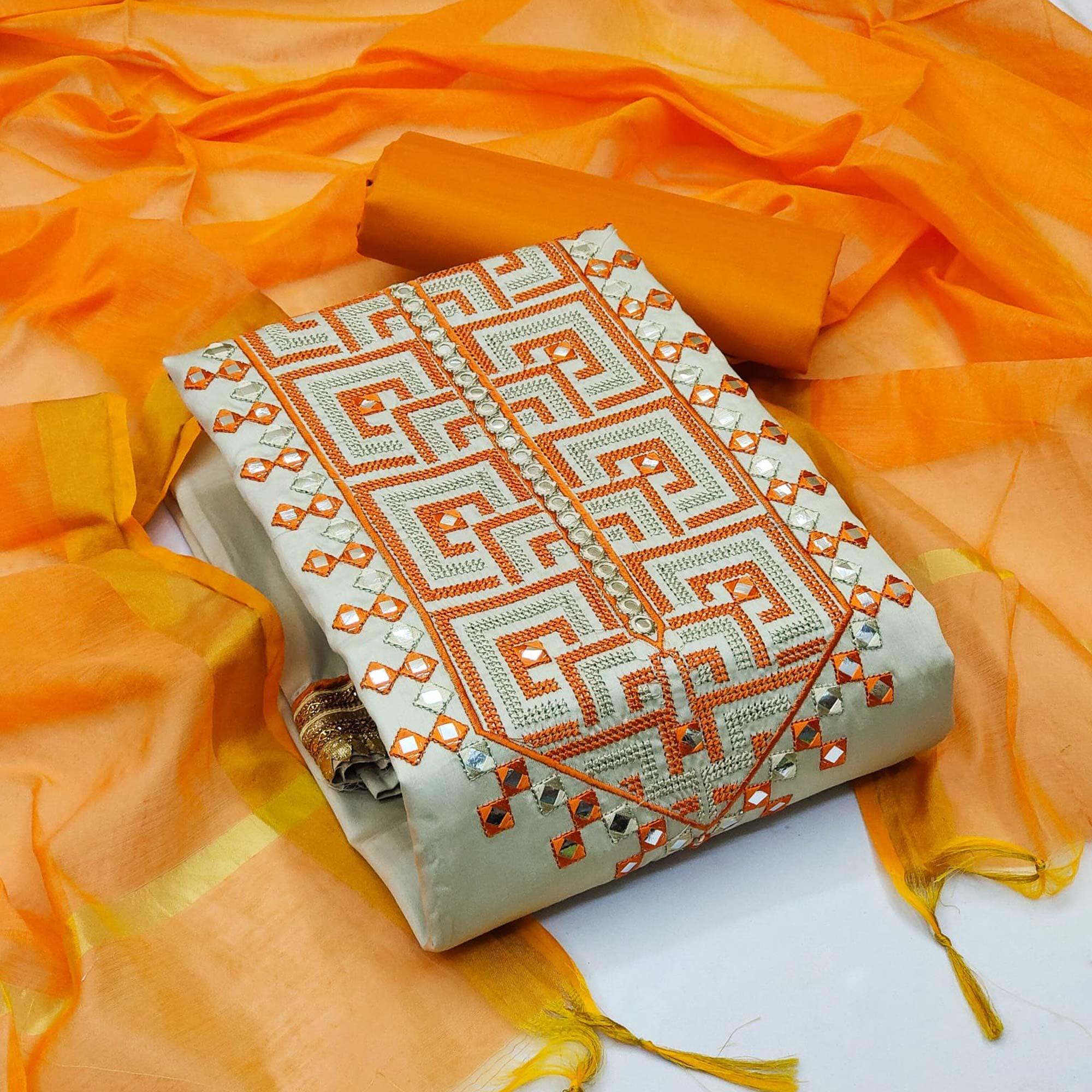 Grey With Orange Embroidered Poly Cotton Dress Material - Peachmode