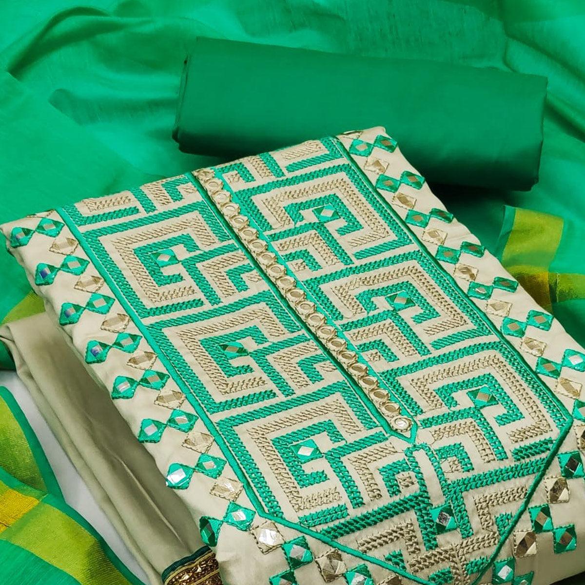 Grey With Rama Green Embroidered Poly Cotton Dress Material - Peachmode