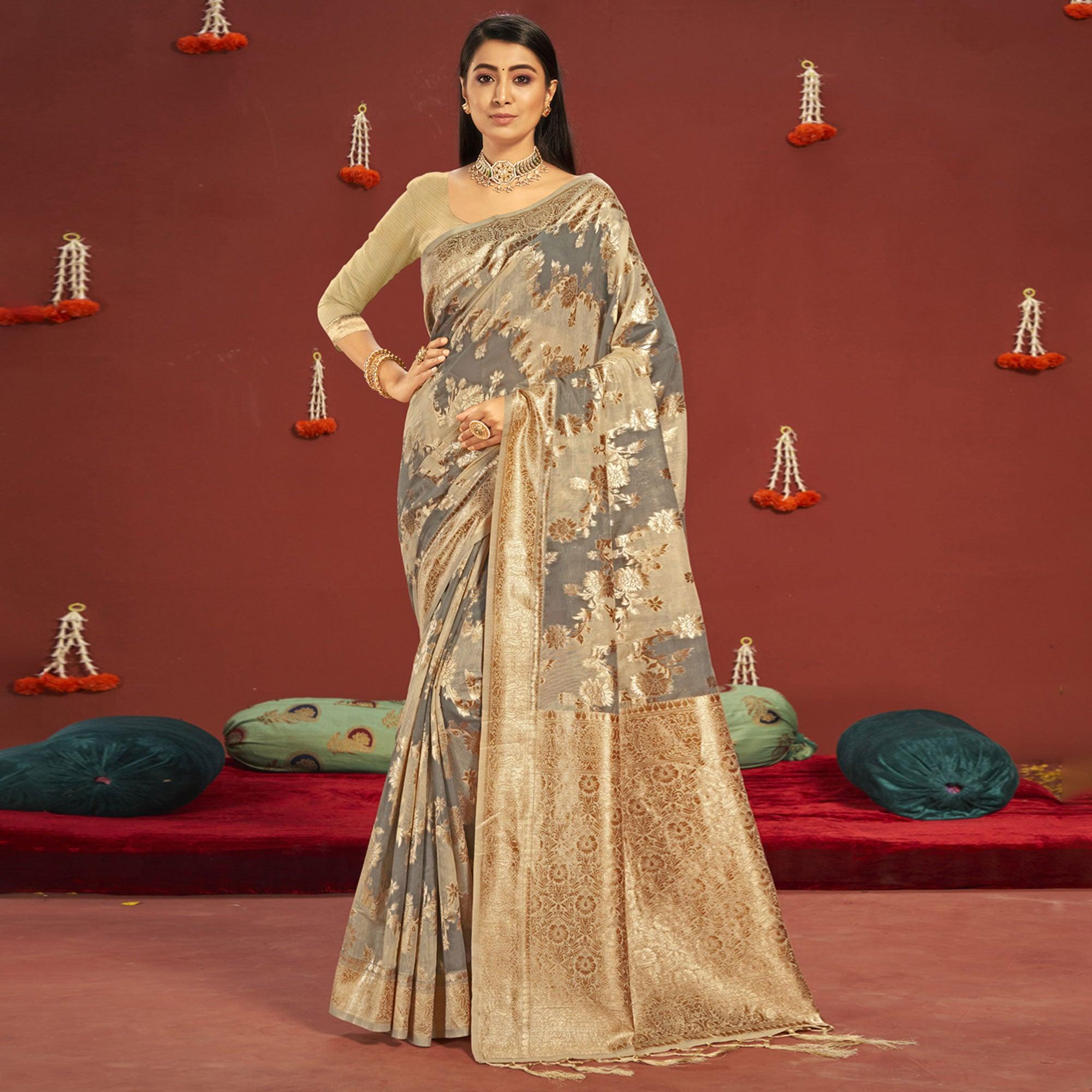 Grey Woven Art Silk Saree - Peachmode