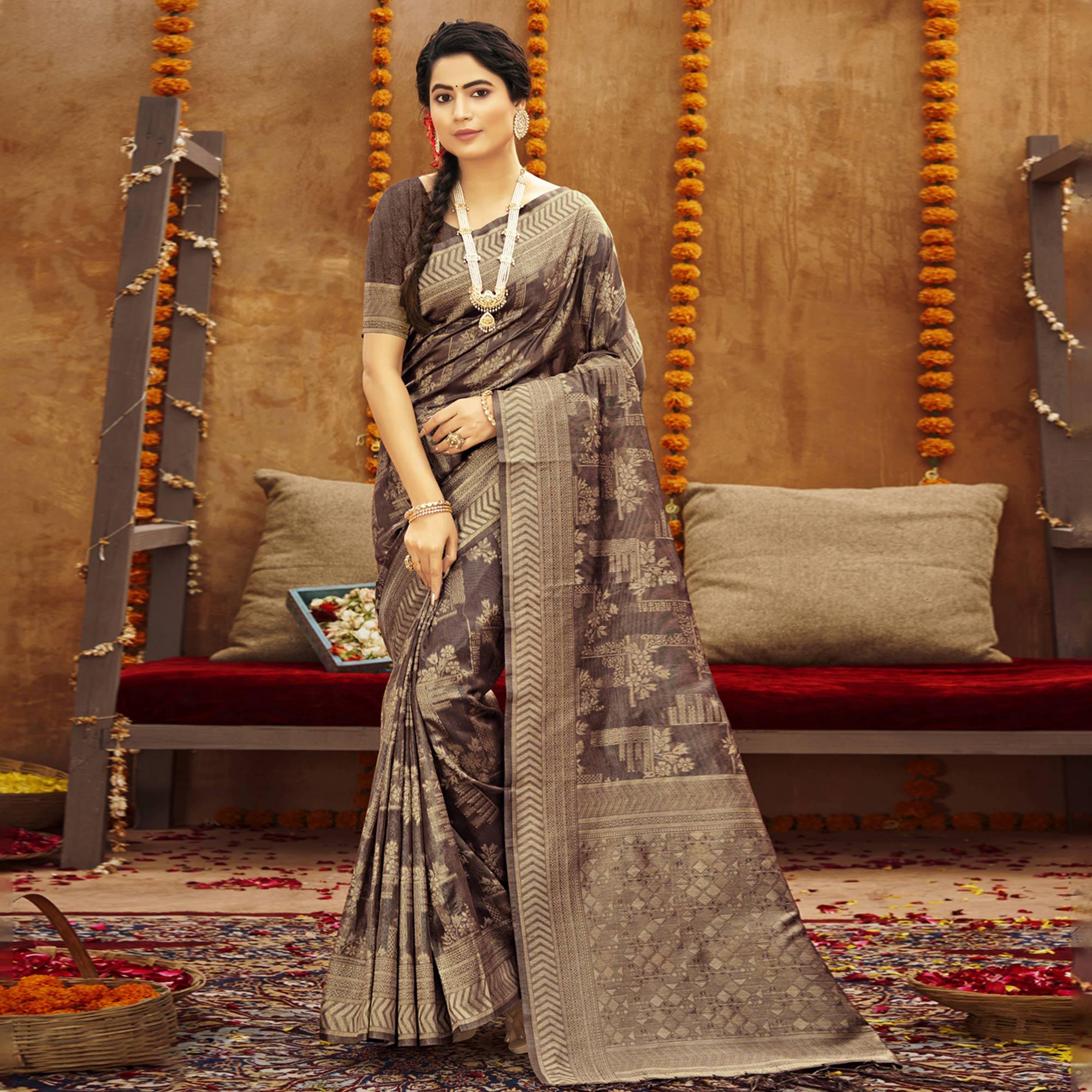 Grey Woven Art Silk Saree - Peachmode