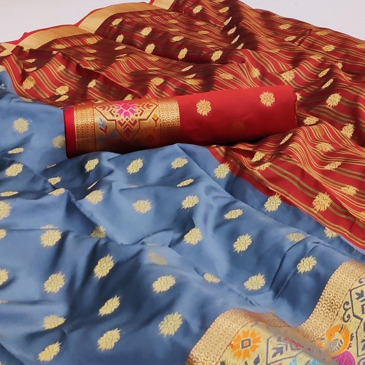 Grey Woven Art Silk Saree - Peachmode