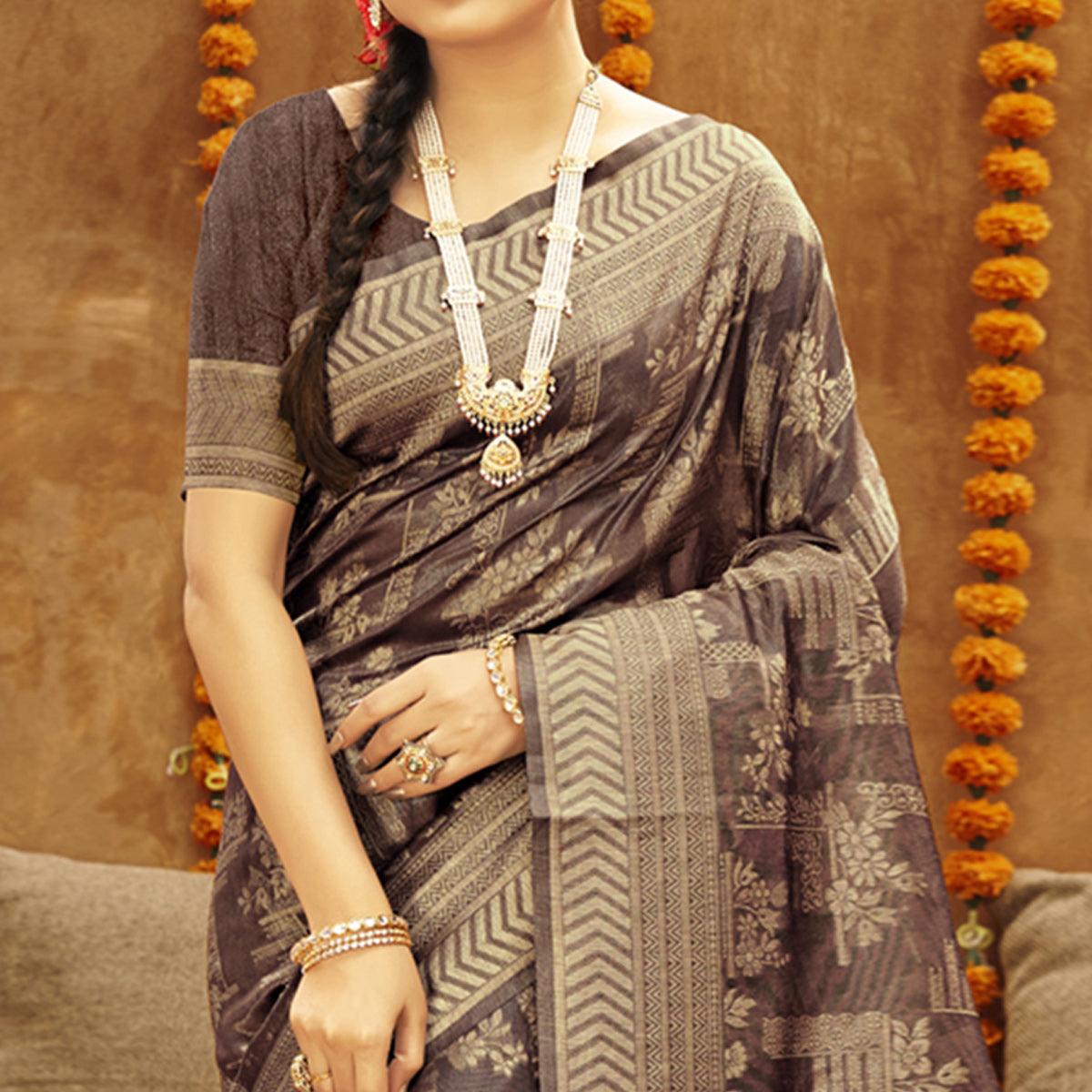Grey Woven Art Silk Saree - Peachmode