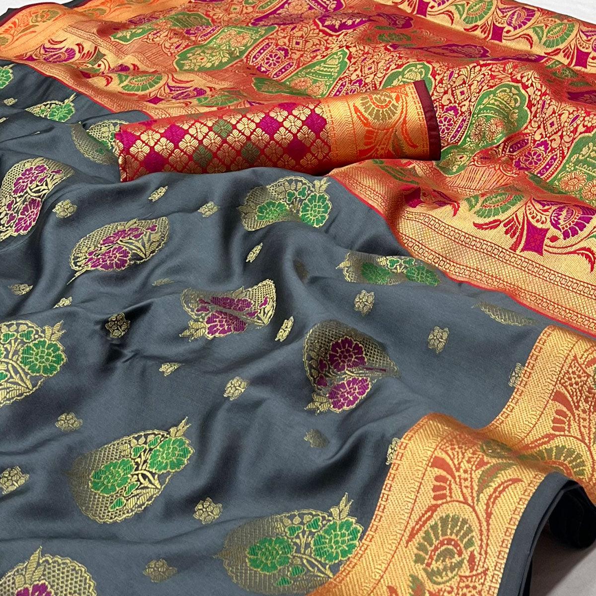Grey Woven Art Silk Saree - Peachmode